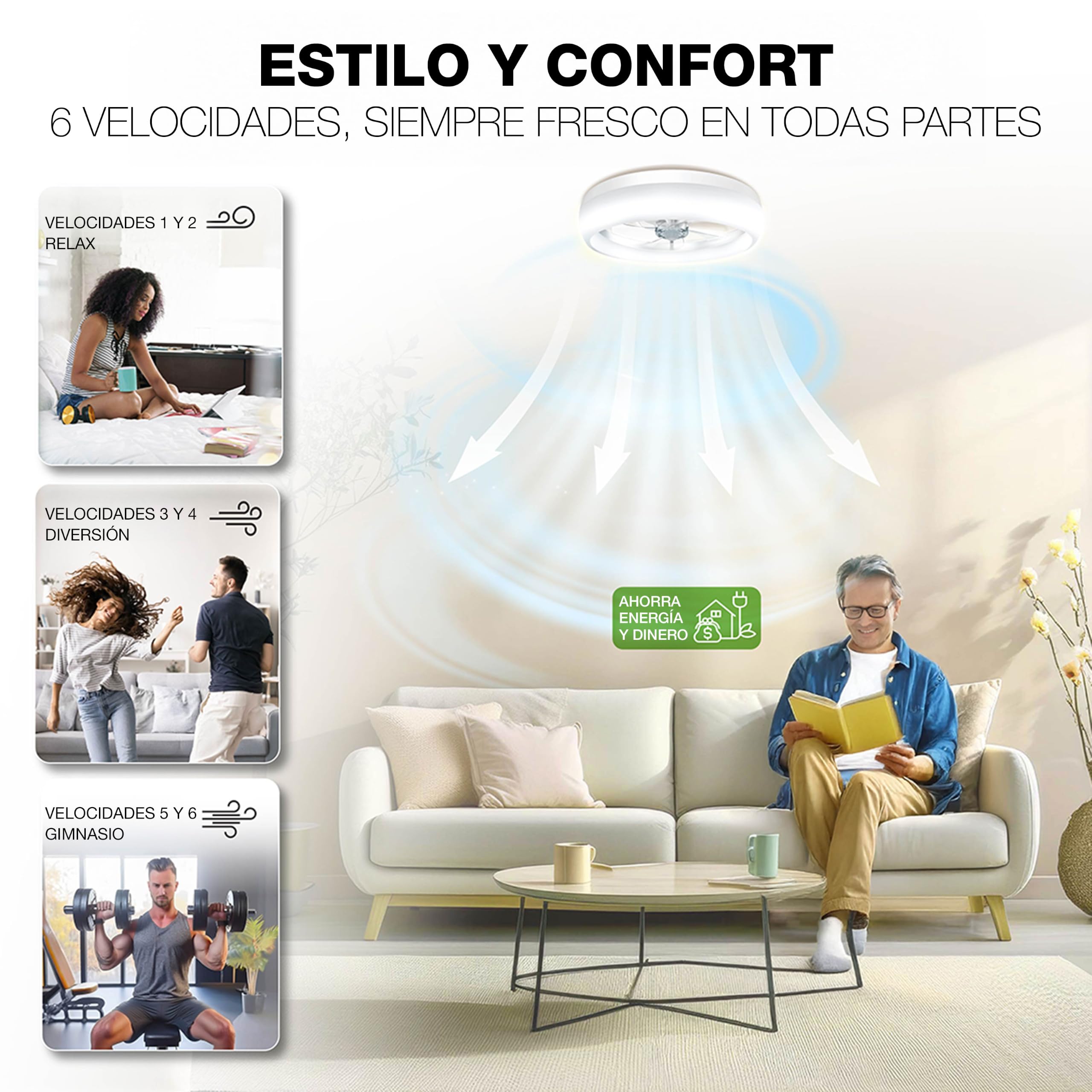 BrisaNova Ventilador Techo + Luz LED, Silencioso <35 dB, 6 Velocidades, Mando a Distancia, Motor Reversible, Temporizador; para Dormitorio, Habitaciones Pequeñas; 2 Tamaños 50 y 35,5 cm