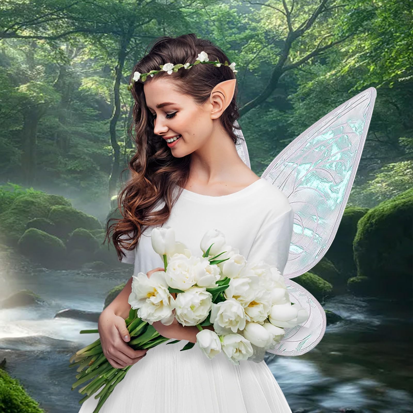 Winwild Fairy Costume Women's Set, 4-Piece Elf Costume, Tulle Skirt with  Elves, Fairy Wings & Elf Ears & Flower Wreath, Tooth Fairy, Forest Fairy  Fancy Dress Costumes, Women's Nymph Cosplay, Forest :