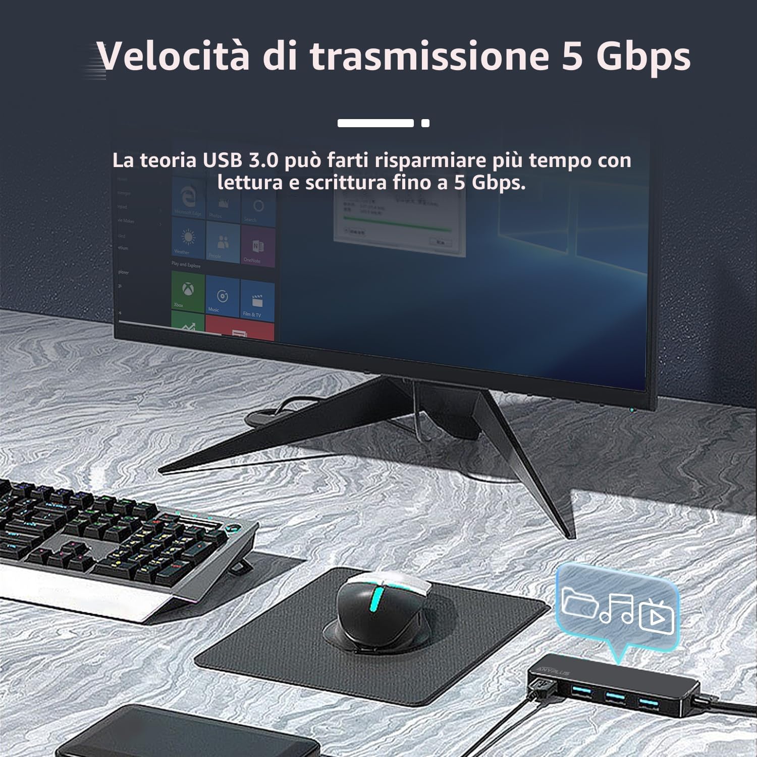 Hub USB 3.0,Sdoppiatore USB, Prese Multiple, Multi Splitter Per PC,Laptop,Xbox, Flash Drive, HDD, Console, Stampante, PC, Tastiera, HP, Dell