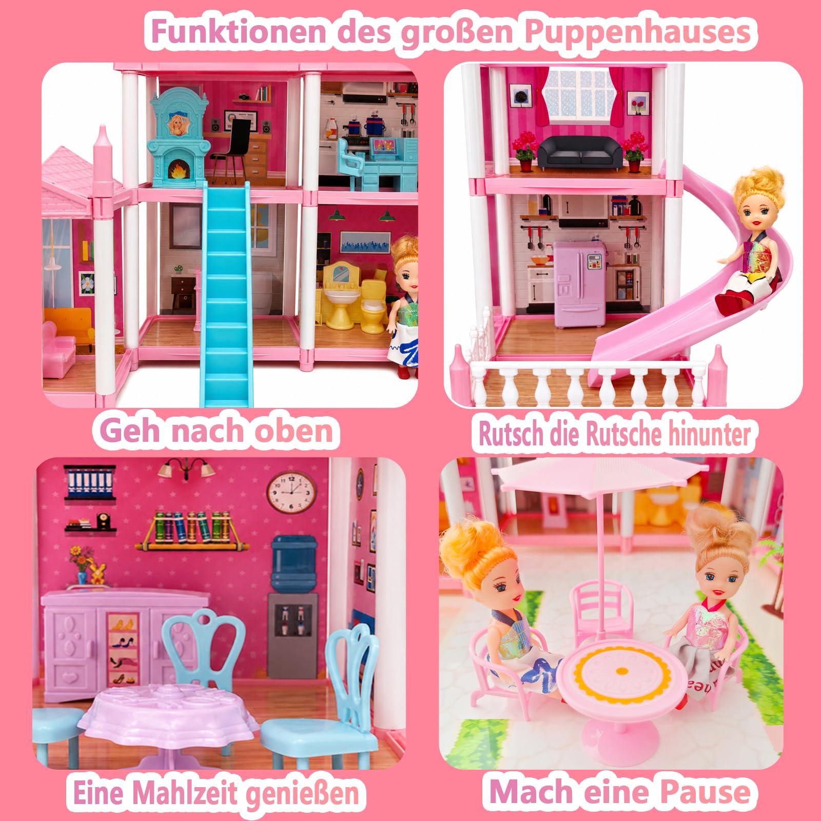 Großes Puppenhaus für Mädchen von 3–16 Jahren, 12 Zimmer, Puppenhaus mit Beleuchtung, Spielmatte, Puppen, Möbeln und umfangreichem Zubehör, Kinder
