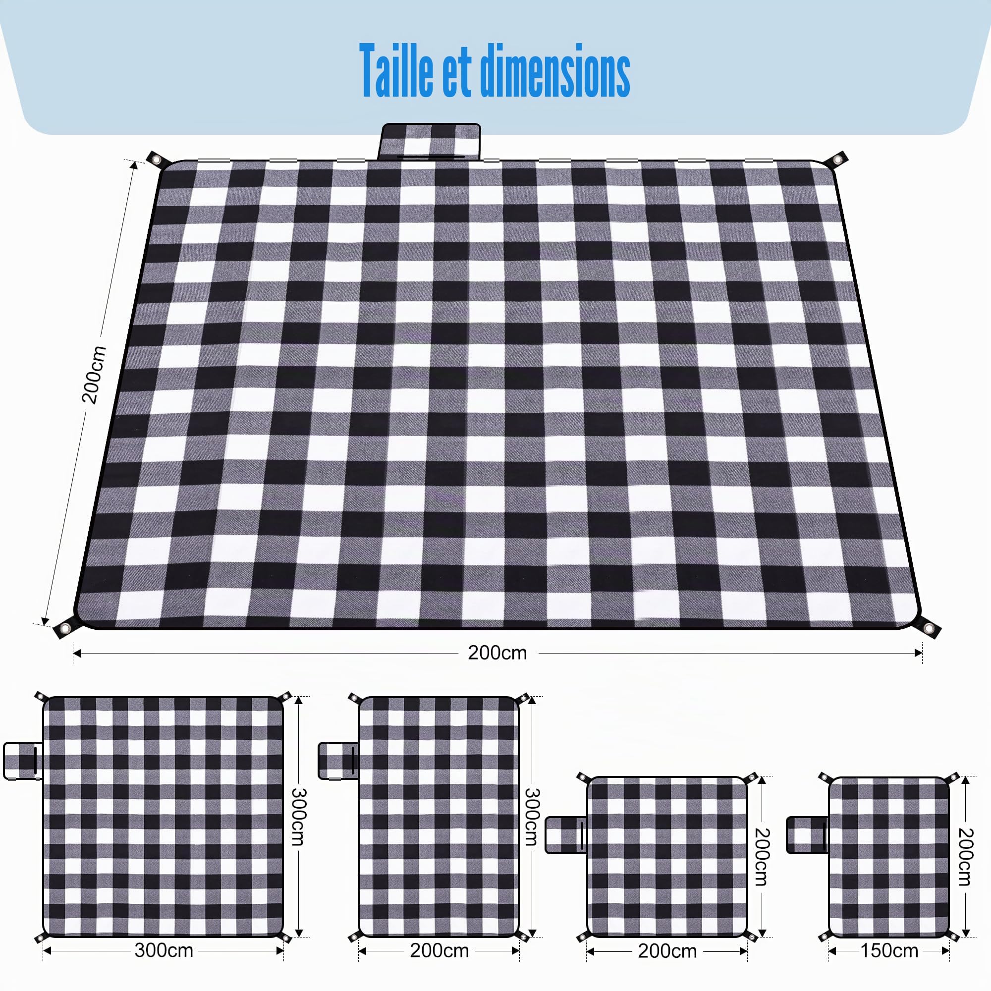 Gucass 200 x 200 cm Couverture de Pique-Nique imperméable - avec poignée de Transport, Pliable, sans Sable, Lavable, pour Barbecue, Randonnée, Voyage (Grille Noire et Blanche)