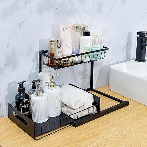 Miniatura 1 de PEKIORNHU Organizador de almacenamiento para el hogar para cocina, baño, gabinete. Estante de metal apilable con diseño deslizante, dos niveles,
