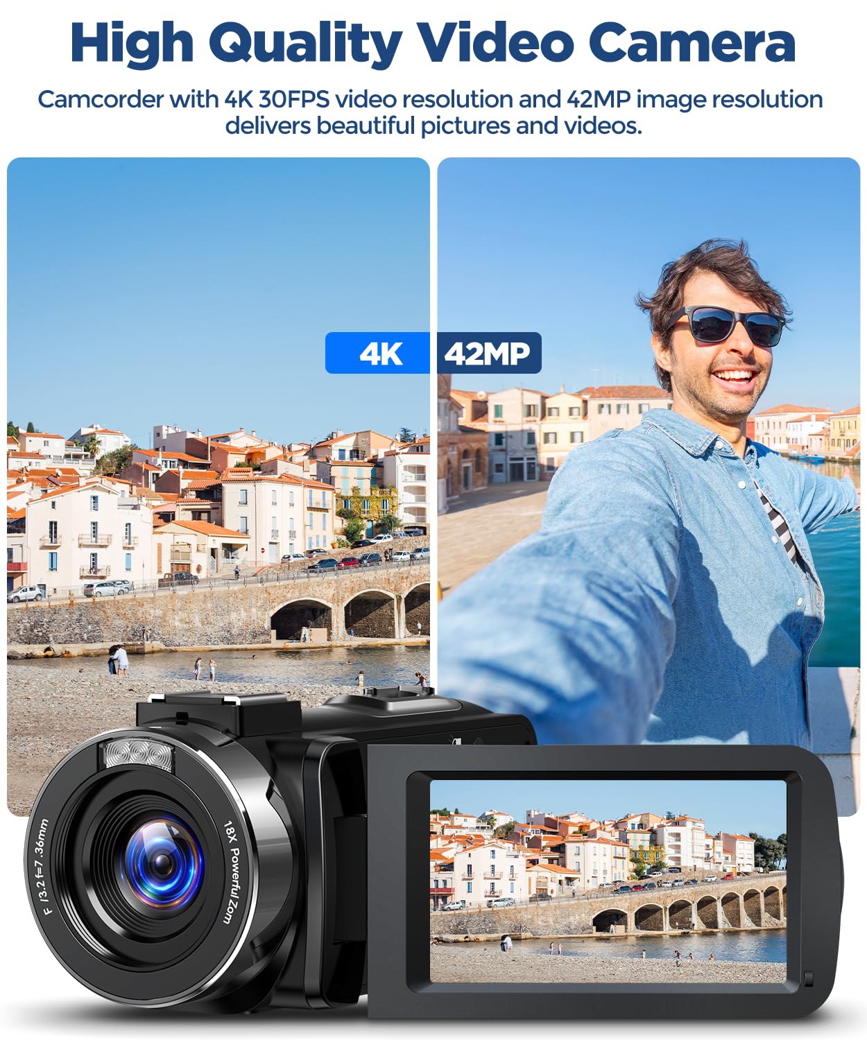 Videocamera 4K 42MP YouTube Fotocamera di Registrazione Video 18x Zoom Digitale 3 Pollici 270 ° Schermo Rotante Videocamera con Microfono, Telecomando, 2 Batterie, Copertura Obiettivo, Scheda SD 32GB