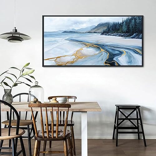 Miniatura 7 de AJAZIKO Arte de pared floral dorado grande para pared, decoración de pared azul para sala de estar, pinturas modernas para decoración de pared,