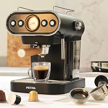 Petra PT5108VDEEU7 Cafetera espresso electrica de estilo retro, compatible con cápsulas de 30/54 mm y café molido, vaporizador de leche ajustable, bomba de presión italiana de 19 bar, sin BPA, 1050 W5