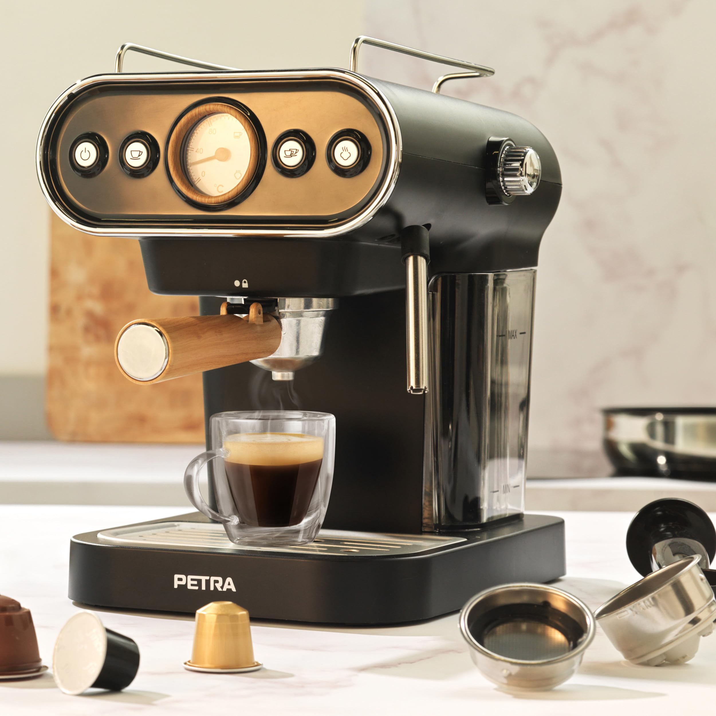 Petra PT5108VDEEU7 Cafetera espresso electrica de estilo retro, compatible con cápsulas de 30/54 mm y café molido, vaporizador de leche ajustable, bomba de presión italiana de 19 bar, sin BPA, 1050 W