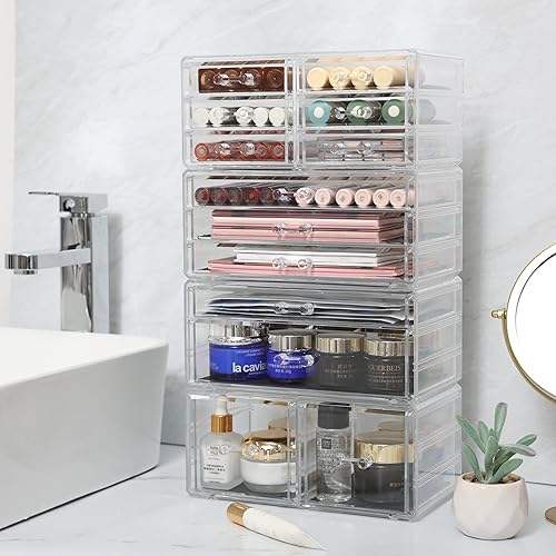 Miniatura 9 de Cq acrílico 4 Pack Organizador de Cajones de Acrílico Transparente para Encimera, Almacenamiento de Maquillaje Apilable con 13 Cajones, Organizador