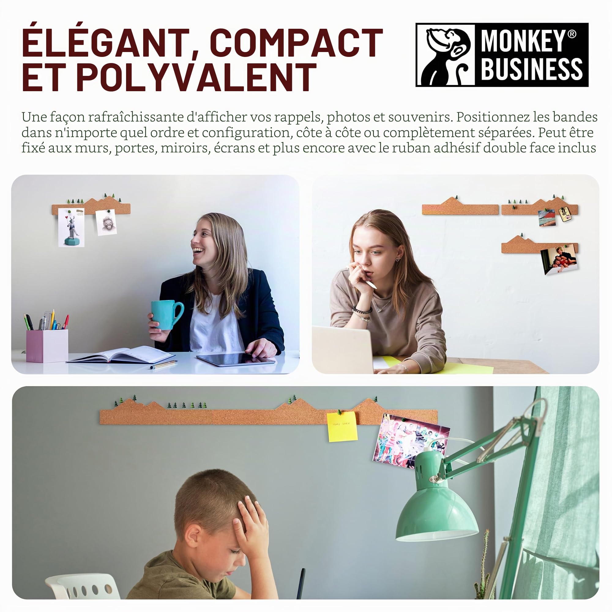 Monkey Business Memo Mountain Bandes de tableau en liège – Tableau d'affichage avec punaises scène de montagne, accessoires de bureau, jolis tableaux en liège pour murs (Memo Mountain 3)