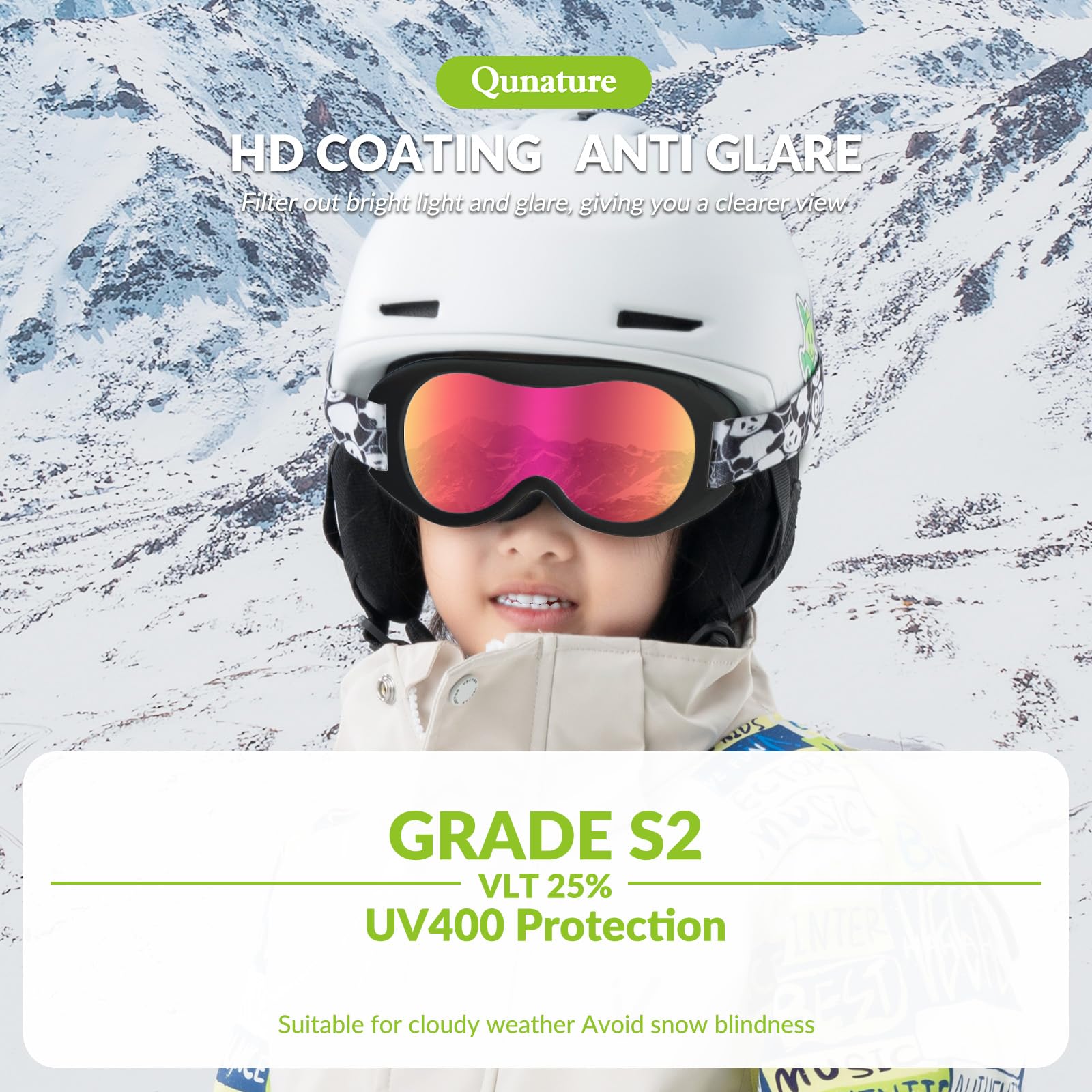 Qunature Kids Ski Goggles OTG Snow Goggles with Spherical Dual Lens UV400 Panda Design Ski Glasses Anti-Fog Children Snowboard Goggles Skiing Skating Snowmobiles - Image 3