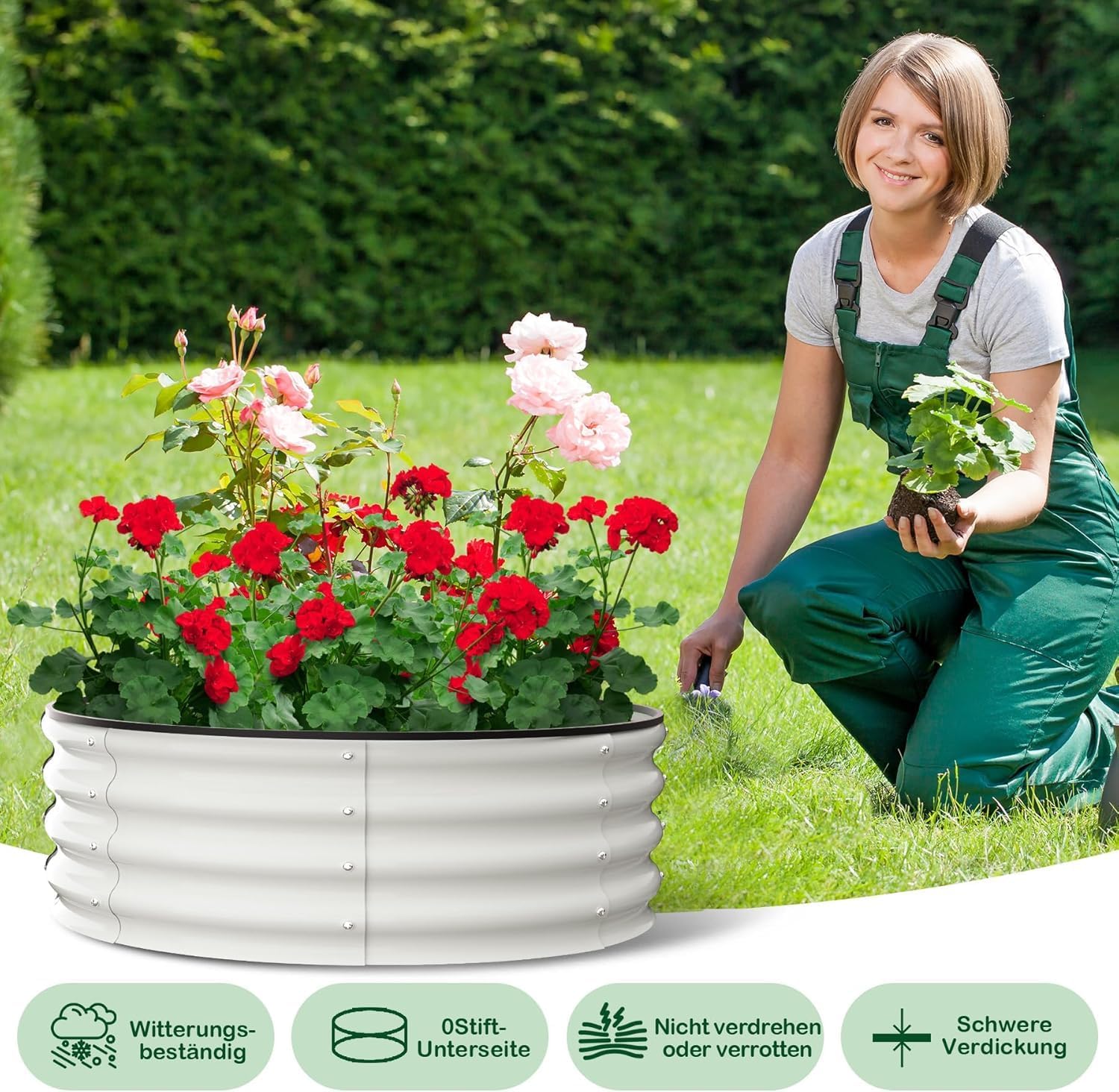 Huerto Elevado Ovalado y Circular de Pie para Jardinería Exterior, Terraza, Balcón, Espesor 0,7 mm, para Tomates, Verduras, Flores, Hierbas Aromáticas, 4×4×1FT, Blanco Crema, Juego de 2