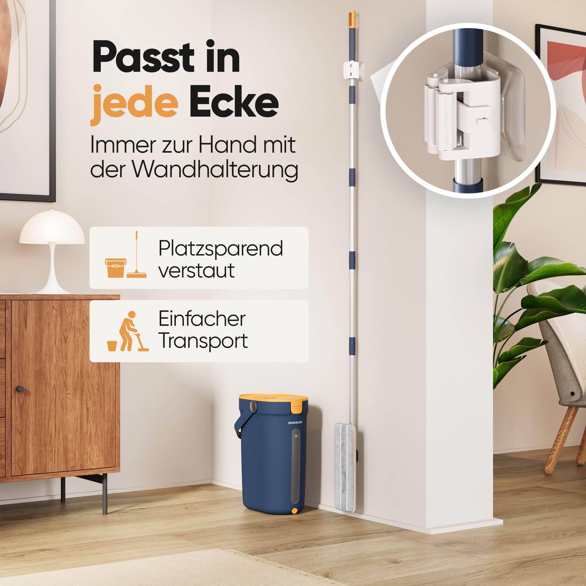 Wischmopp Set mit Eimer – Bodenwischer, Wischer Boden, Mop Set mit 3-Kammer-System, Nasswischer mit Auswringfunktion und Putzeimer, Mikrofaserpads & Wandhalterung
