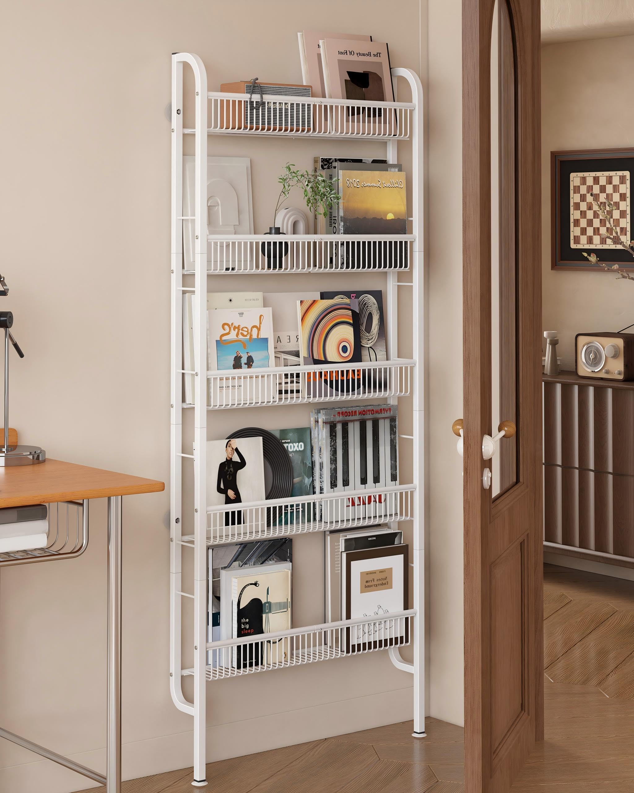 UMDONX Estante de Pared 5 Niveles, Estante Estrecho para Libros y Decoración, Organizador Multifuncional de Metal para Espacios Pequeños, Blanco