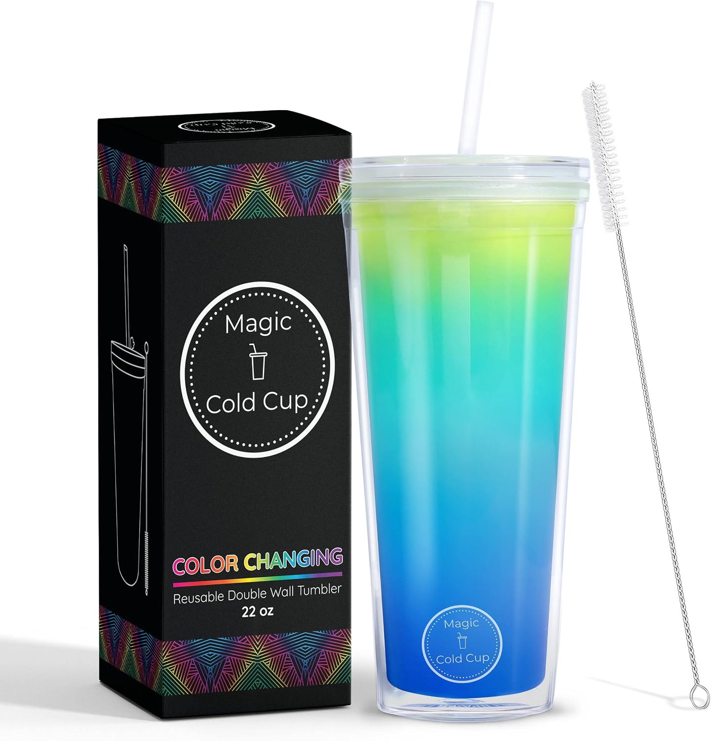 22oz Ocean Color Changing Cup with Lid and Straw for Adults by Magic Cold Cup - BPA-FREE Reusable Double Wall Tumbler is Unbreakable & Leakproof with Resealable Lid Plug and Straw Cleaner