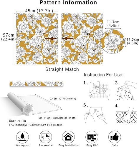 Miniatura 5 de HAOKHOME 93171-2 Papel tapiz floral para despegar y pegar, papel de pared extraíble de flores extraíbles, color amarillonegroblanco, vinilo adhesivo