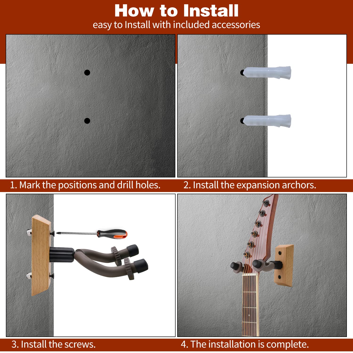 DkOvn Colgador de pared para guitarra, paquete de 8 soportes de pared para guitarra, soporte de pared de madera dura en forma de V con tornillos, para guitarra acústica, guitarra eléctrica, banjo