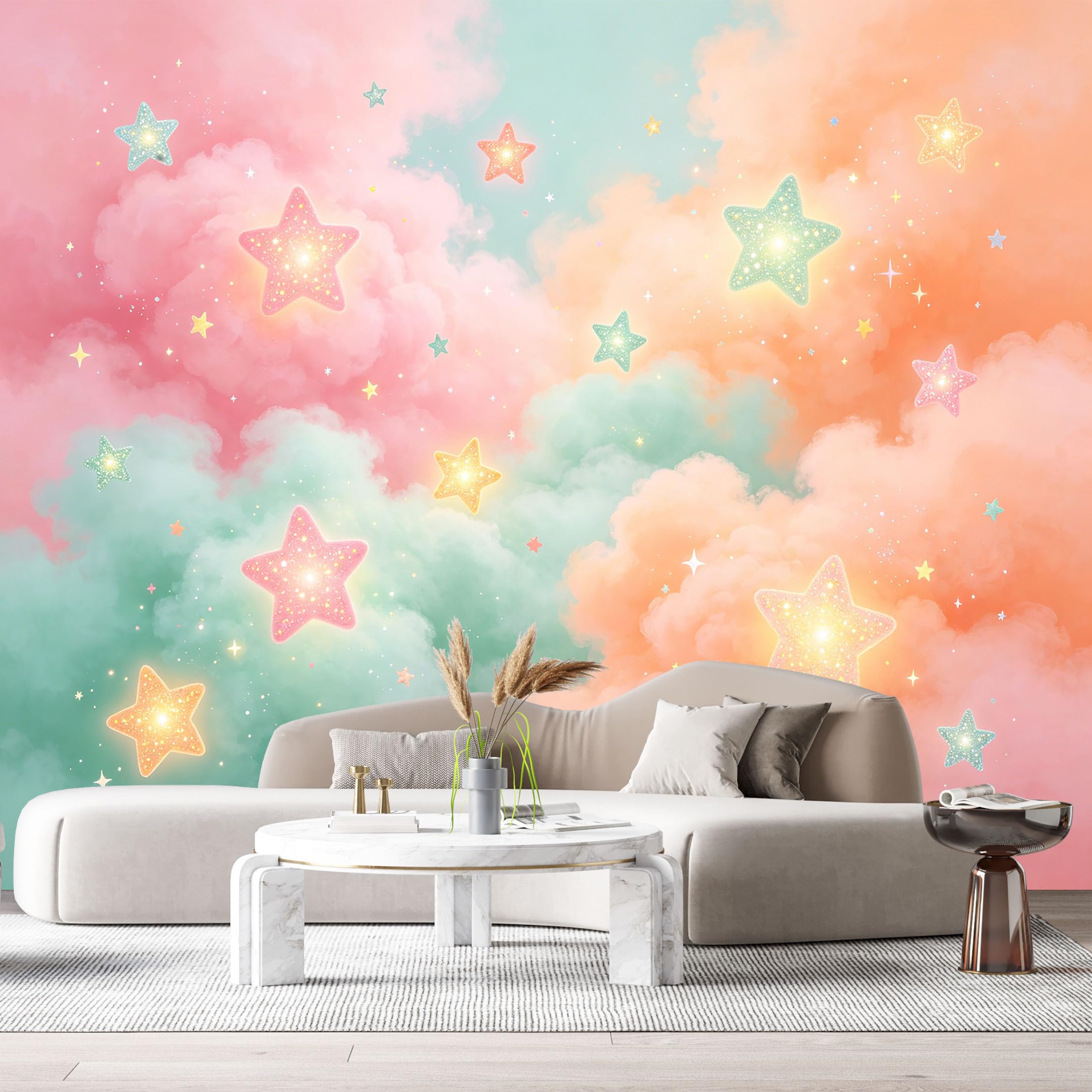 Custom Size Wall Murals Pastel Clouds Watercolor Glowing Stars Modern Abstract SelfAdhesiveWall Fabric Removable Wallpaper Wall Decor for Living Room Bedroom Bathroom
