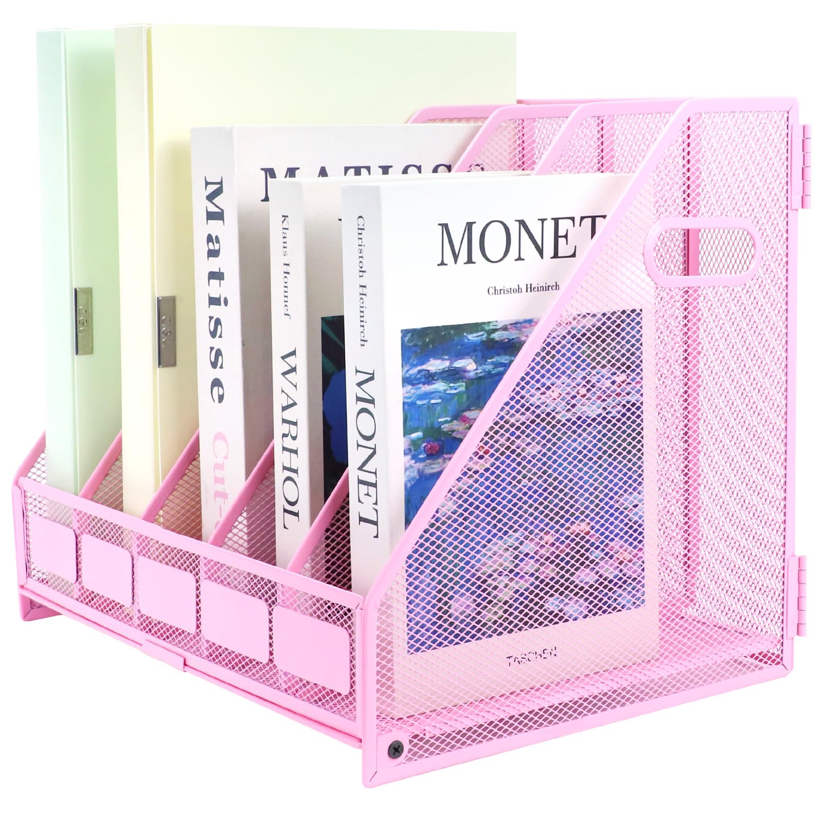 TSDRBWO Desk Organizers Metal Magazine File Holder Racks Desktop Folder Storage Binder Organiser Document Organization for Home Office & Classroom,5 Vertical Compartments-Pink