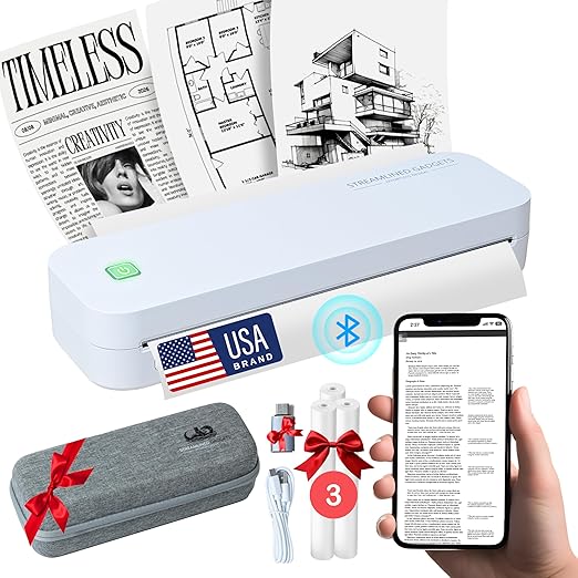 2025 Portable Wireless Inkless Thermal Printer – 300 DPI Bluetooth Mobile Printer for iPhone, Android, Laptop, Tablet for Home and School– 8.5”x11” w/Carry Case & 3 Rolls Thermal Paper