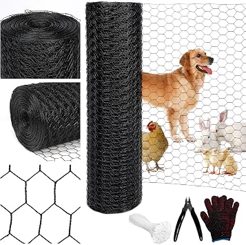 Black 19GA Chicken Wire 12inx150ft, Chicken Wire Fencing, Garden Fence, Metal Poultry Wire Netting, Galvanized PVC Coated Mesh for Animal/Rabbit/Floral/Chicken Coop/DIY Projects.