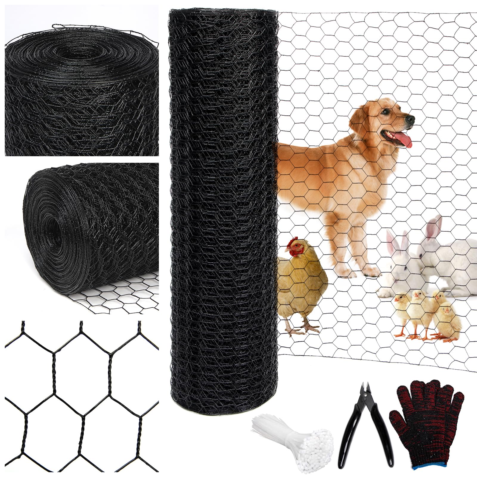 Wirewonders Black 19GA Chicken Wire 24inx150ft, Chicken Wire Fencing, Garden Fence, Metal Poultry Wire Netting, Galvanized PVC Coated Mesh for Animal/