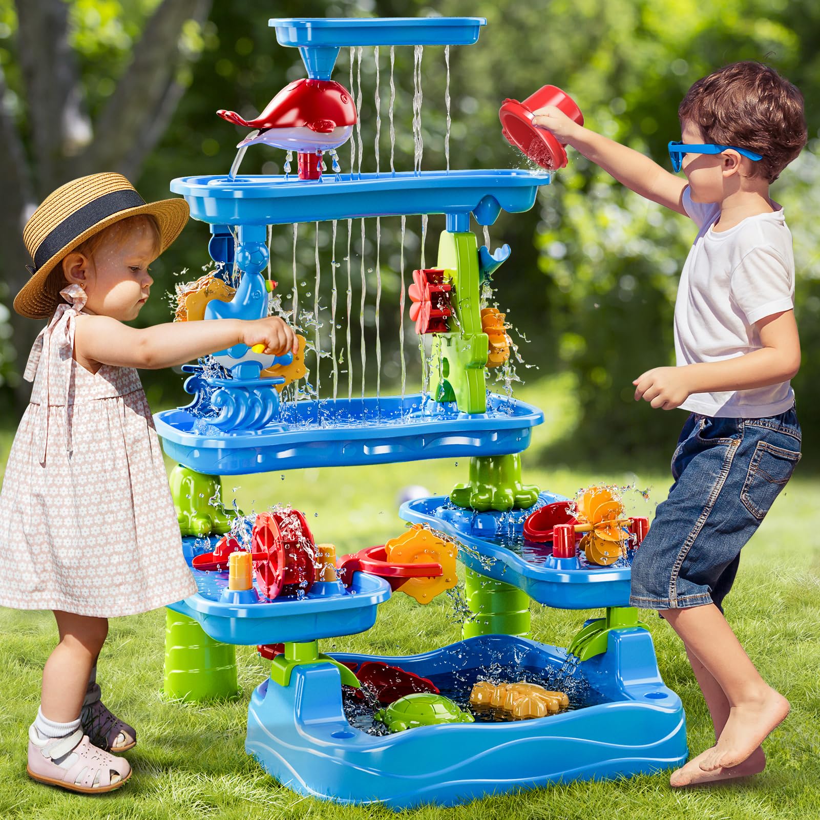 BLmukce 3-Tier Meteor Water Table for Kids Toddlers with Pumping Elephant Ages 2 3+ 4-8, Outdoor Summer Beach Sensory Play Activity Toys, Water Pool Table, Birthday Gifts for Boys Girls