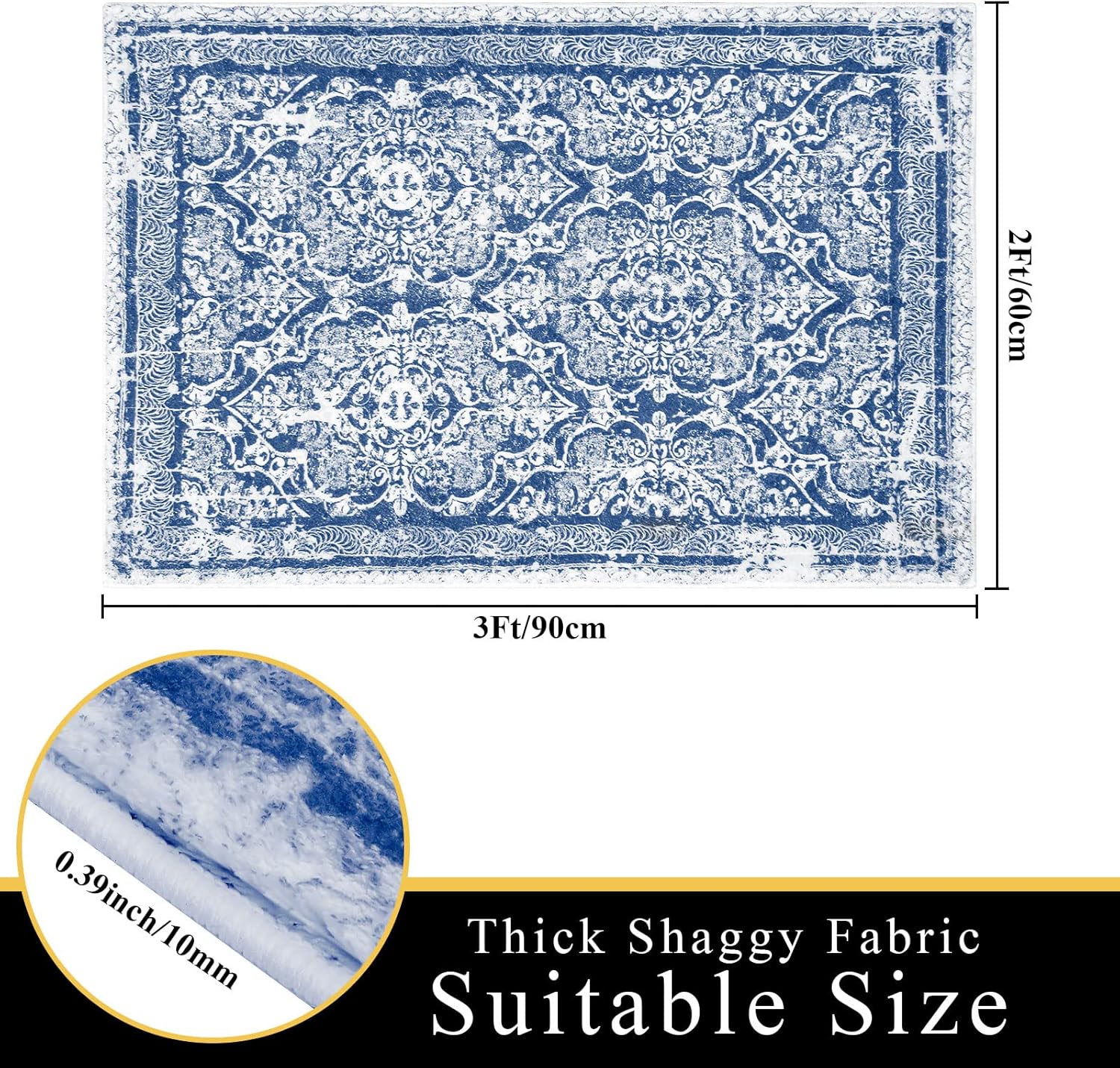 Vaukki Hallway Runner Rug, Vintage Shaggy Soft Laundry Rug Runner, Non Slip Entryway Runner Mat, Washable Farmhouse Kitchen Area Carpet for Bathroom, Entryway and Bedroom (2' X 3', Blue)