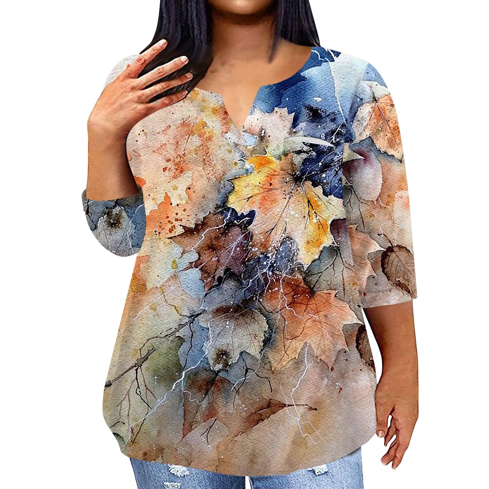 3/4 Sleeve Lounge Formal Top Lady Oversize Spring V-Neck Thin T Shirts Womans Relaxed Fit Breathable Checkered