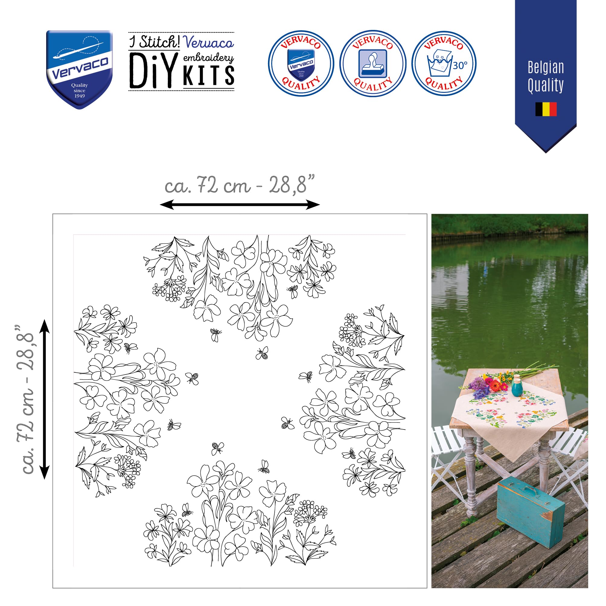 Vervaco Kit Bordado Mantel Set Completo Bordado Tela Impresa FLORES DE CAMPO Decoracion Para Manualidades Principiantes Completo DIY Adultos Set Creativo Regalo 72 x 72 cm Embroidery