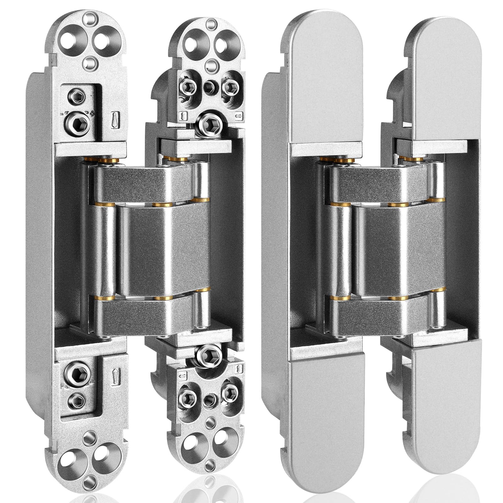 Bisagras de puerta ocultas de 6 pulgadas (2 piezas) – Bisagras de puerta invisibles ajustables de 3 vías, bisagras ocultas resistentes con giro de 180 grados (carga de hasta 88 libras)