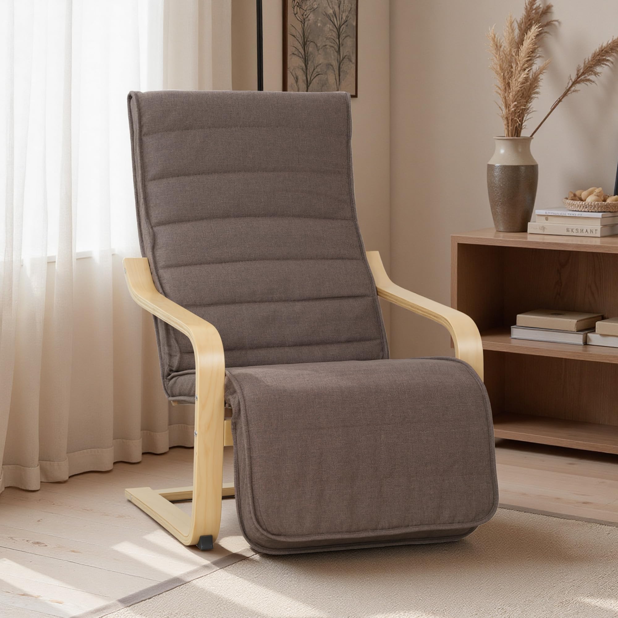 HOMCOM Fotel do salonu, fotel relaksacyjny, fotel wypoczynkowy z podłokietnikami z drewna brzozowego, 5-stopniowa regulacja podnóżka, fotel do czytania o wyglądzie lnu, tapicerowany fotel do sypialni
