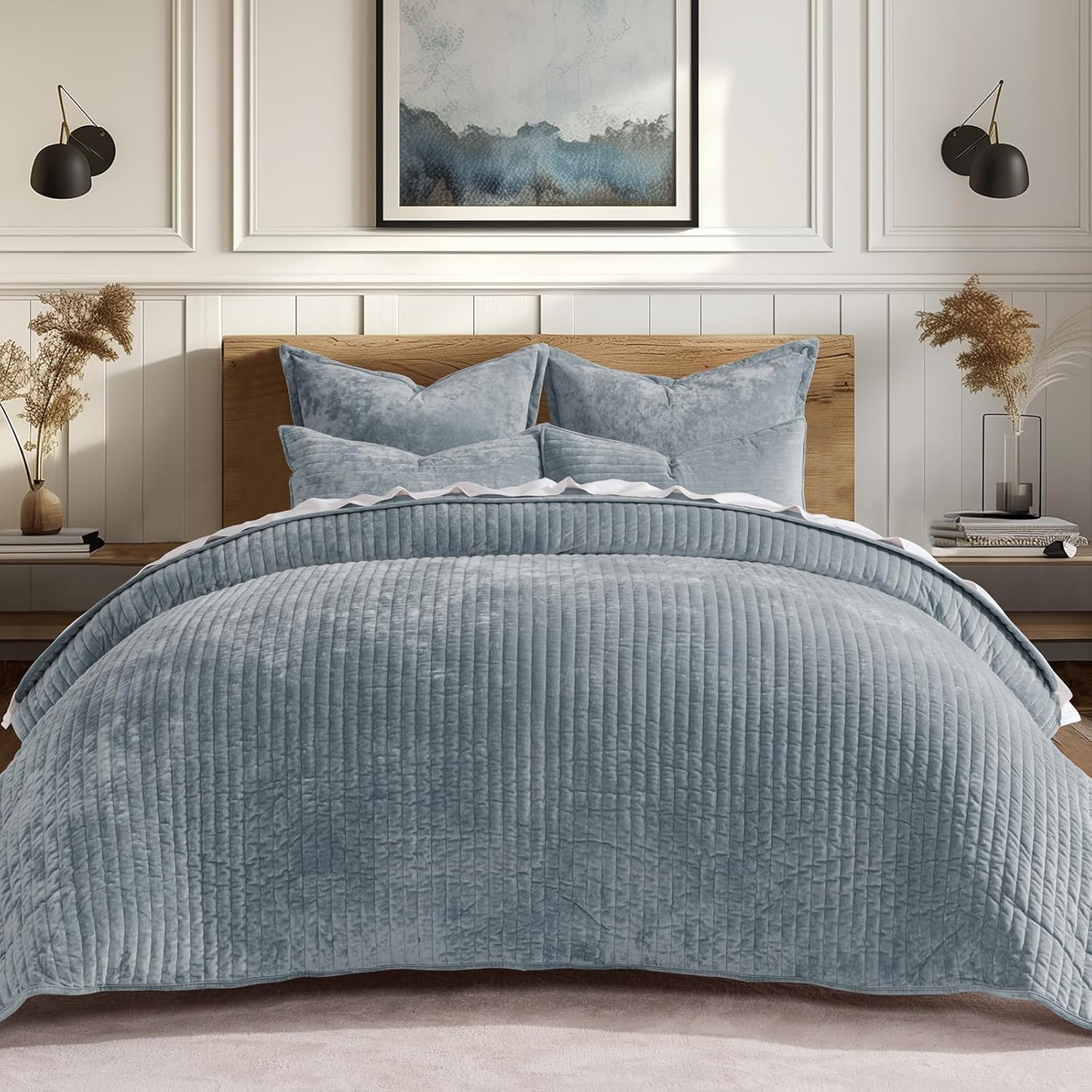 EVERGRACE Velvet Quilt Set Queen Size, Luxurious Soft Striped Channel Bedding Set, Lightweight Velvet Comforter for All Season, Oversized Bedspread Coverlet with 2 Matching Shams, Dusty Blue Full/Queen (90" x 92") Dusty Blue