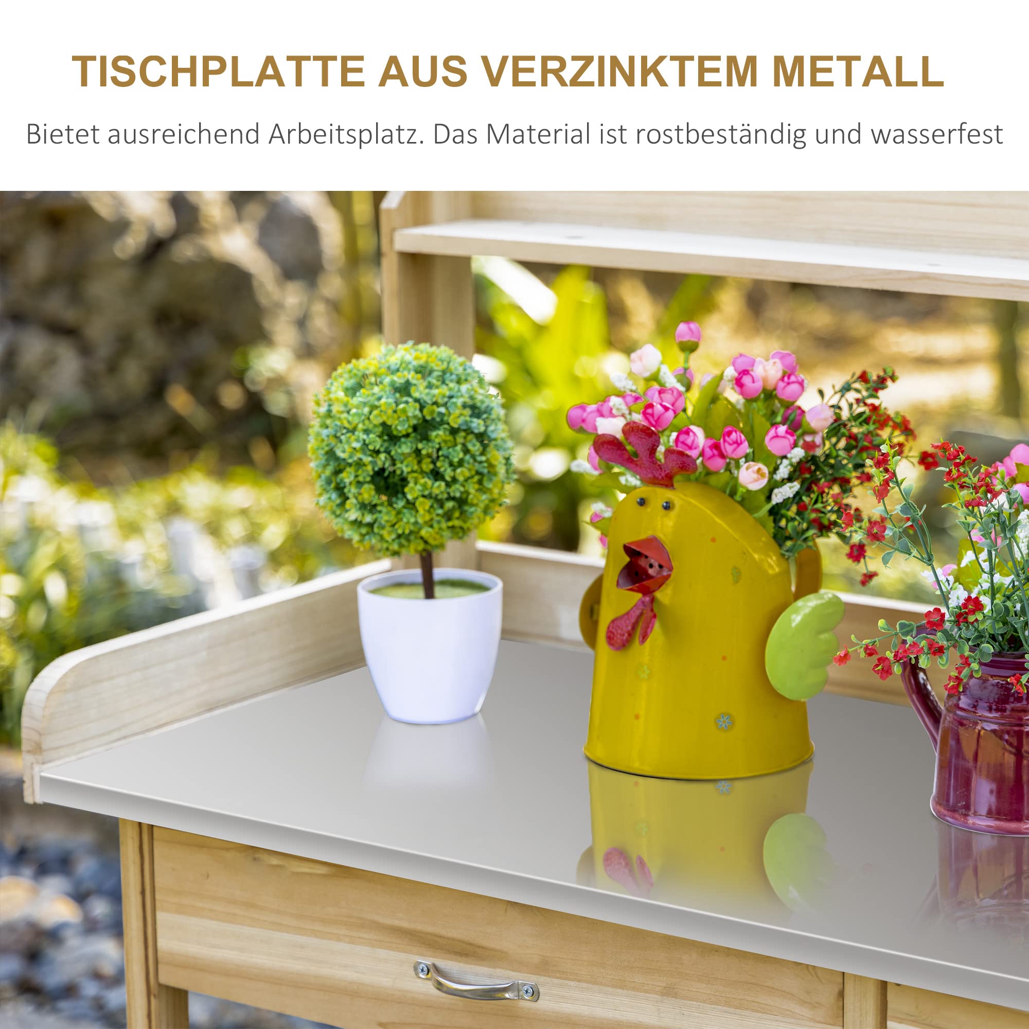 Outsunny Mesa de plantación con encimera galvanizada Mesa de jardinería con cajonera Mesa de Trabajo de jardín Madera Maciza Natural 112 x 48 x 125 cm | Mesa de jardín con cajón, armario, mesa de trabajo de jardín, madera maciza