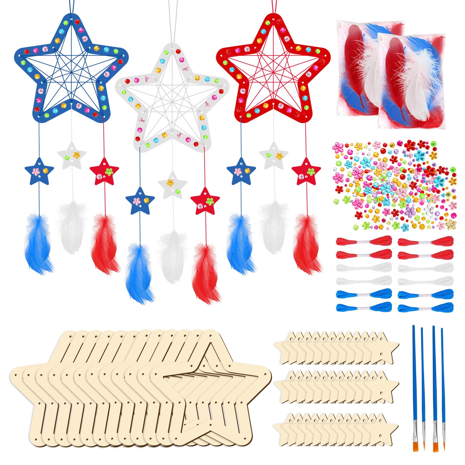 Fennoral 12 Pack Star Dream Catcher Kit for Kids Paint You Own 4th of July Craft DIY Coloring Wooden Patriotic Star Ornaments for Memorial Day Art Activity Independence Day Decorations