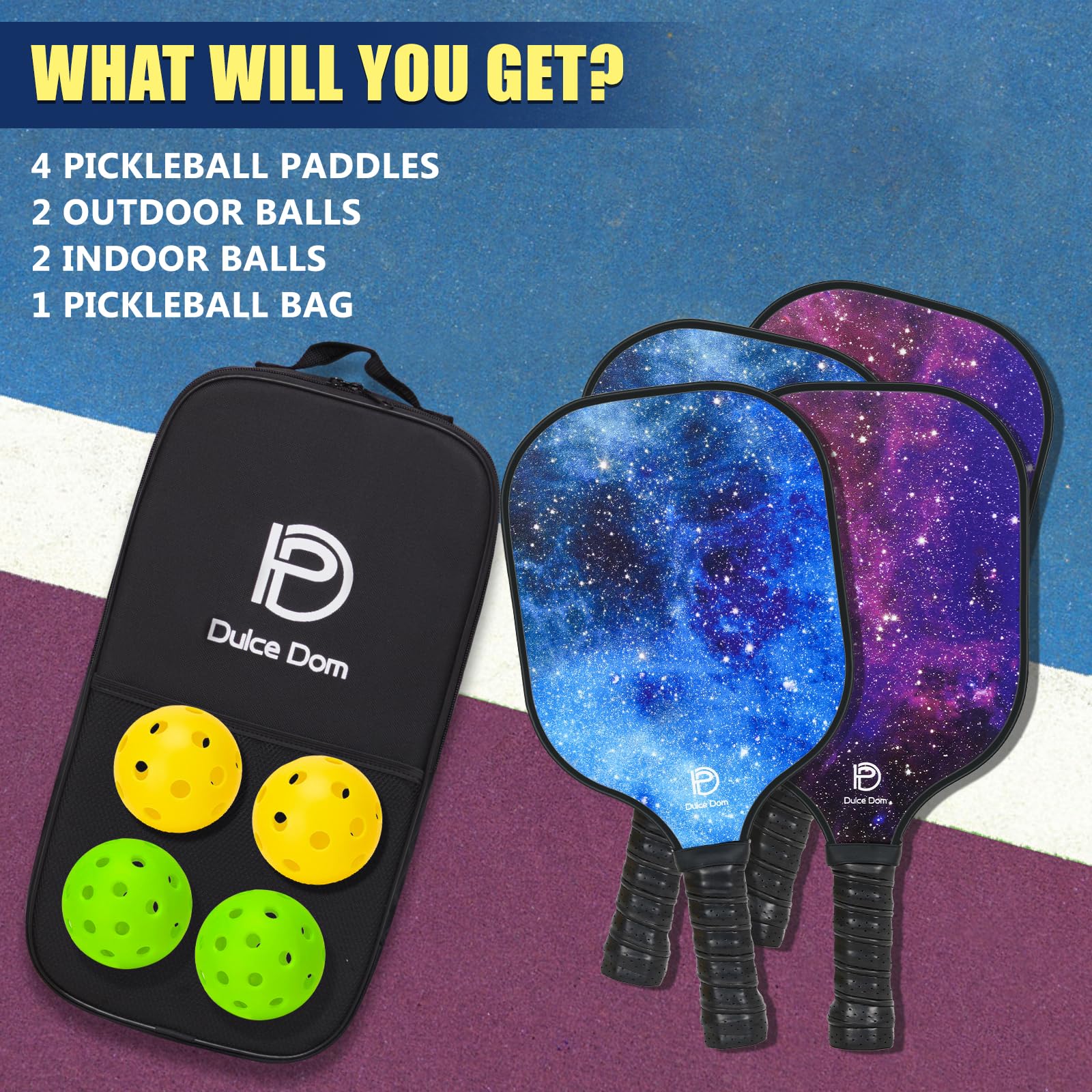 DULCE DOM Set di 2/4 racchette da pickleball in fibra di vetro approvate USAPA, con racchette da pickleball, 4 palline da pickleball e borsa da pickleball, racchette da pickleball, regali per