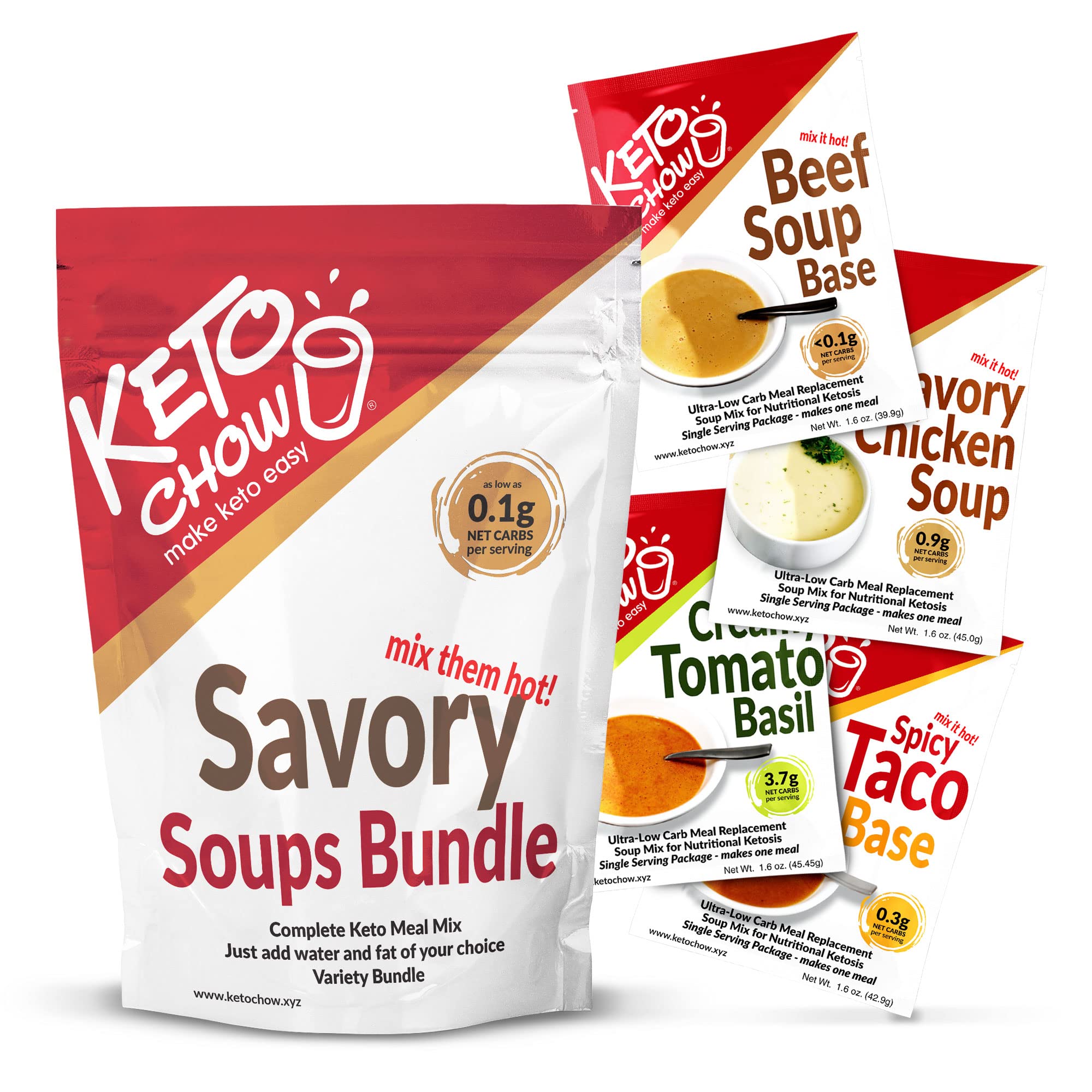 Keto Chow Savory Variety Bundle | Keto Meal Replacement Shake | Nutritionally Complete | Low Carb | Delicious Easy Meal Substitute | You Choose The Fat | Single Meal Samples