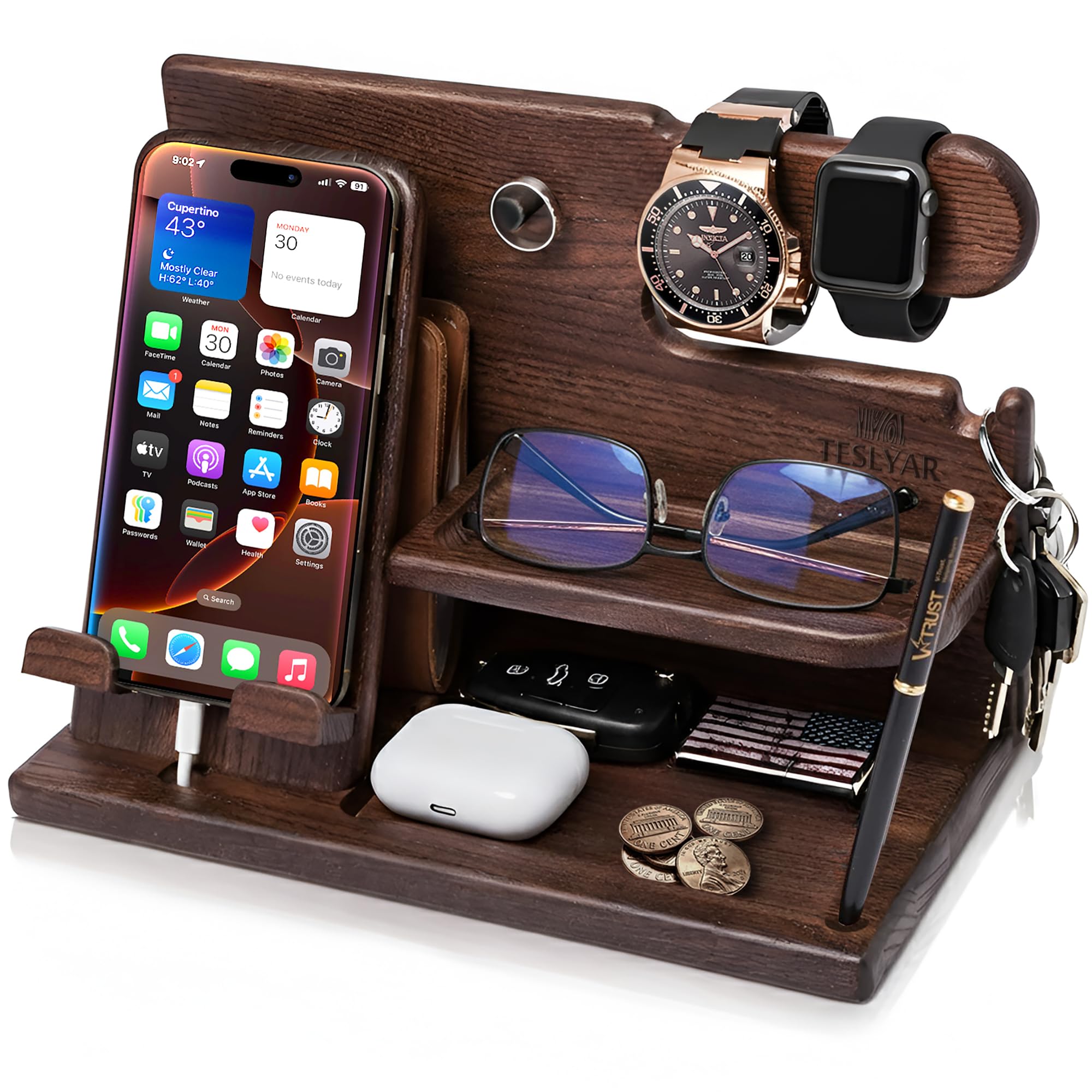 TESLYAR Wood Phone Docking Station for Men - Desk or Nightstand Organizer - Birthday Gifts for Husband, Dad - Anniversary Idea from Wife - Key Holder, Stand Wallet, Watch & Essentials (Bourbon Brown)