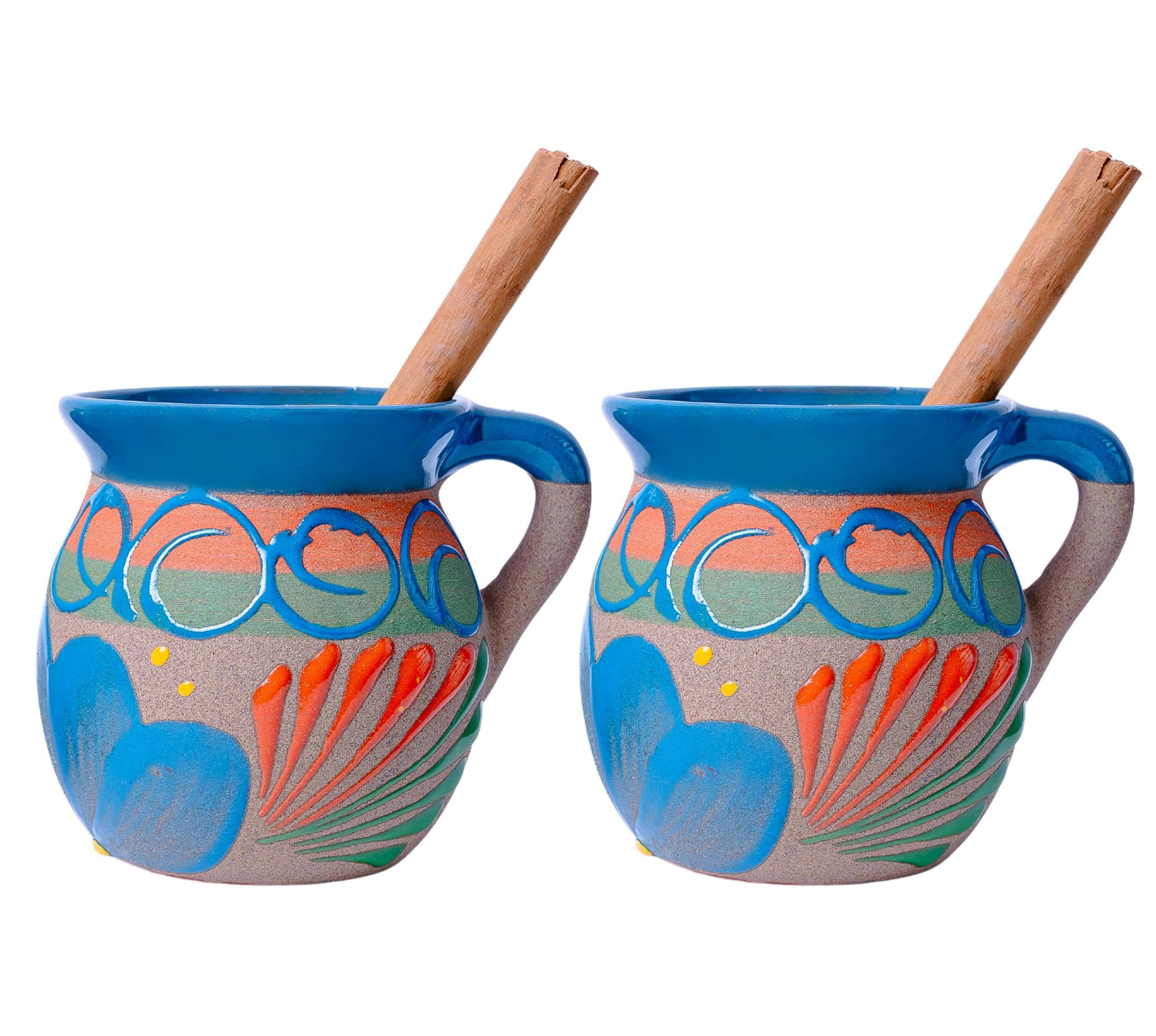 ELTRICOLORMexican Coffee Mugs - Set of 2 Clay Cups - Jarritos de Barro Mexicanos - Tazas de Barro (Turquoise)