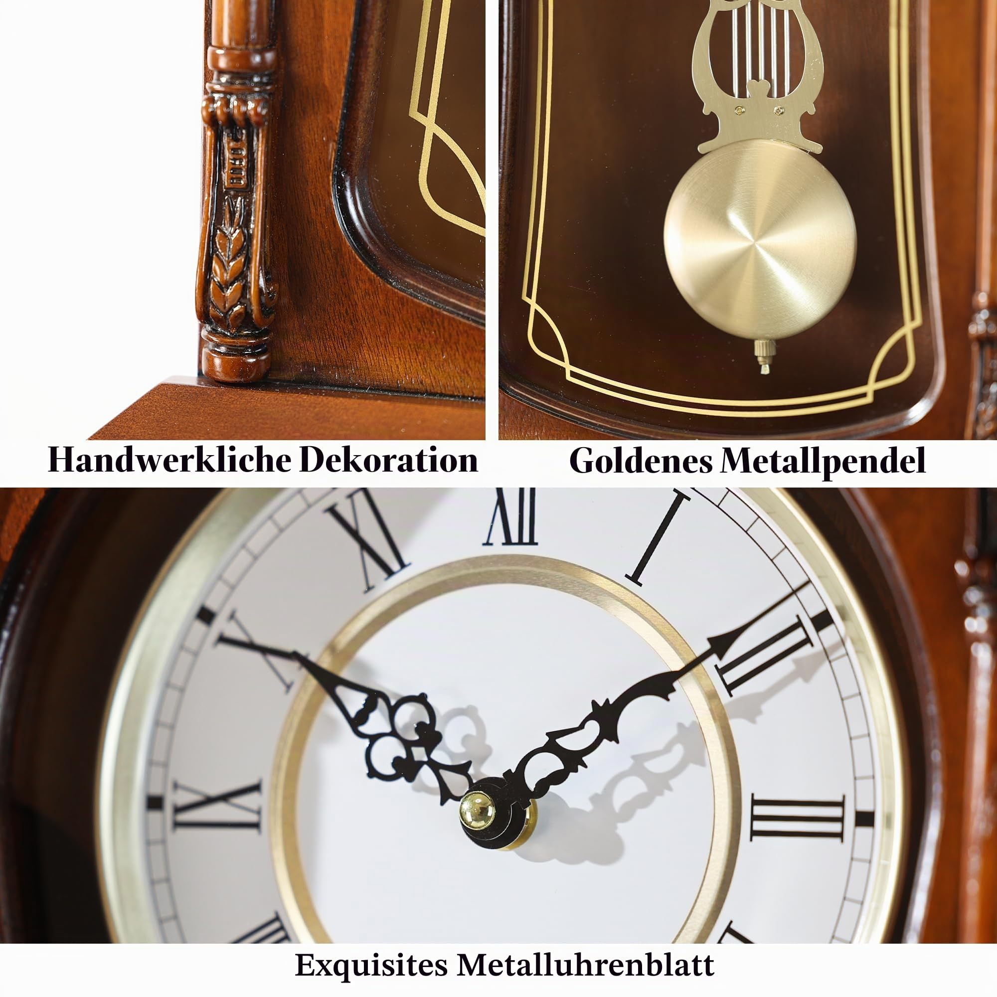 AYRELY® Vintage Standuhr 56 cm mit Pendel und Mahagoniholzrahmen – Klassische Wanduhr mit Stunden- und Viertelstundenschlag für Wohnzimmer & stilvolles Home-Dekor