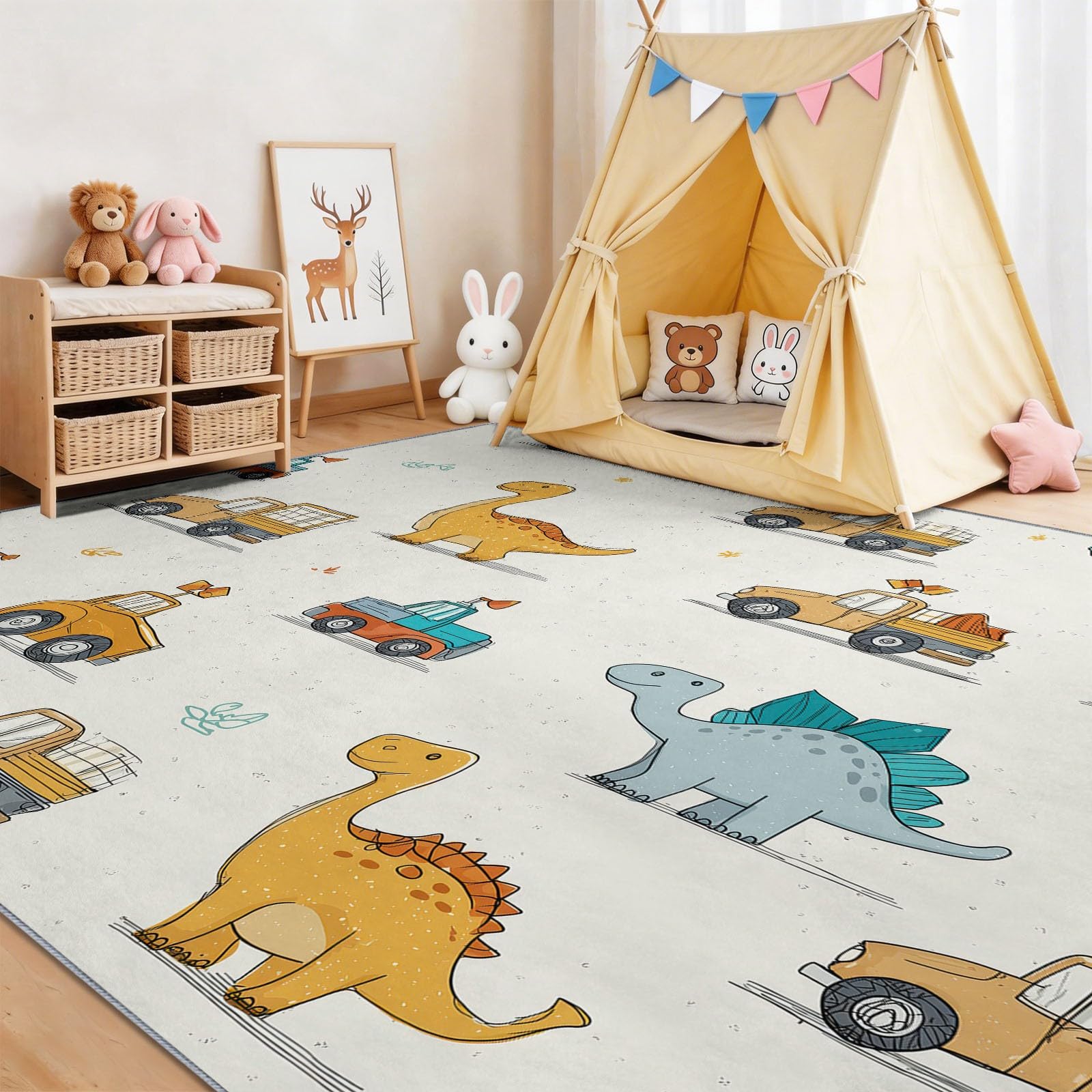 Zabawny dinozaur i ciężarówka dywan do pokoju dziecięcego antypoślizgowy spód do salonu, sypialni i pokoju dziecięcego nowoczesny dywan 140 x 200 cm, biały