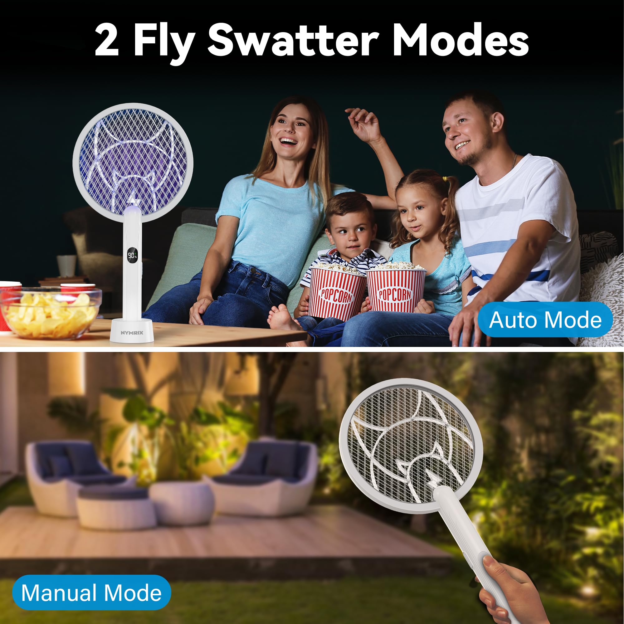 Nymrix Raqueta eléctrica matamoscas 2 en 1, matamosquitos de 4100 V, matamosquitos de mano con batería recargable de 1800 mAh, luz púrpura y malla de seguridad de 3 capas para interiores y exteriores