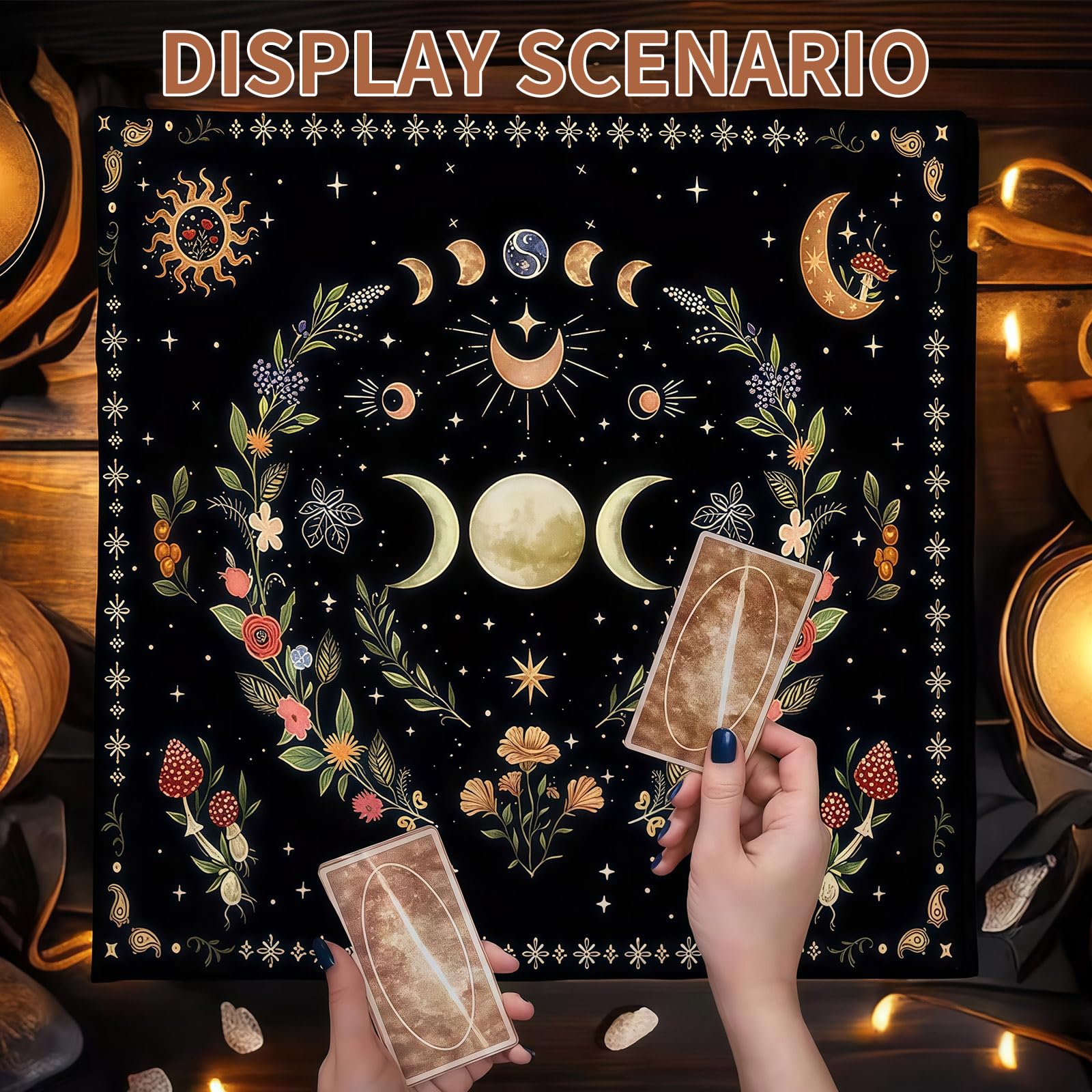 Tappeto per Tarocchi Divinatorio 75x75 cm, Tovaglia da Altare Esoterico con Fasi Lunari e Stelle, Telo per Lettura Carte e Rituali Spirituali