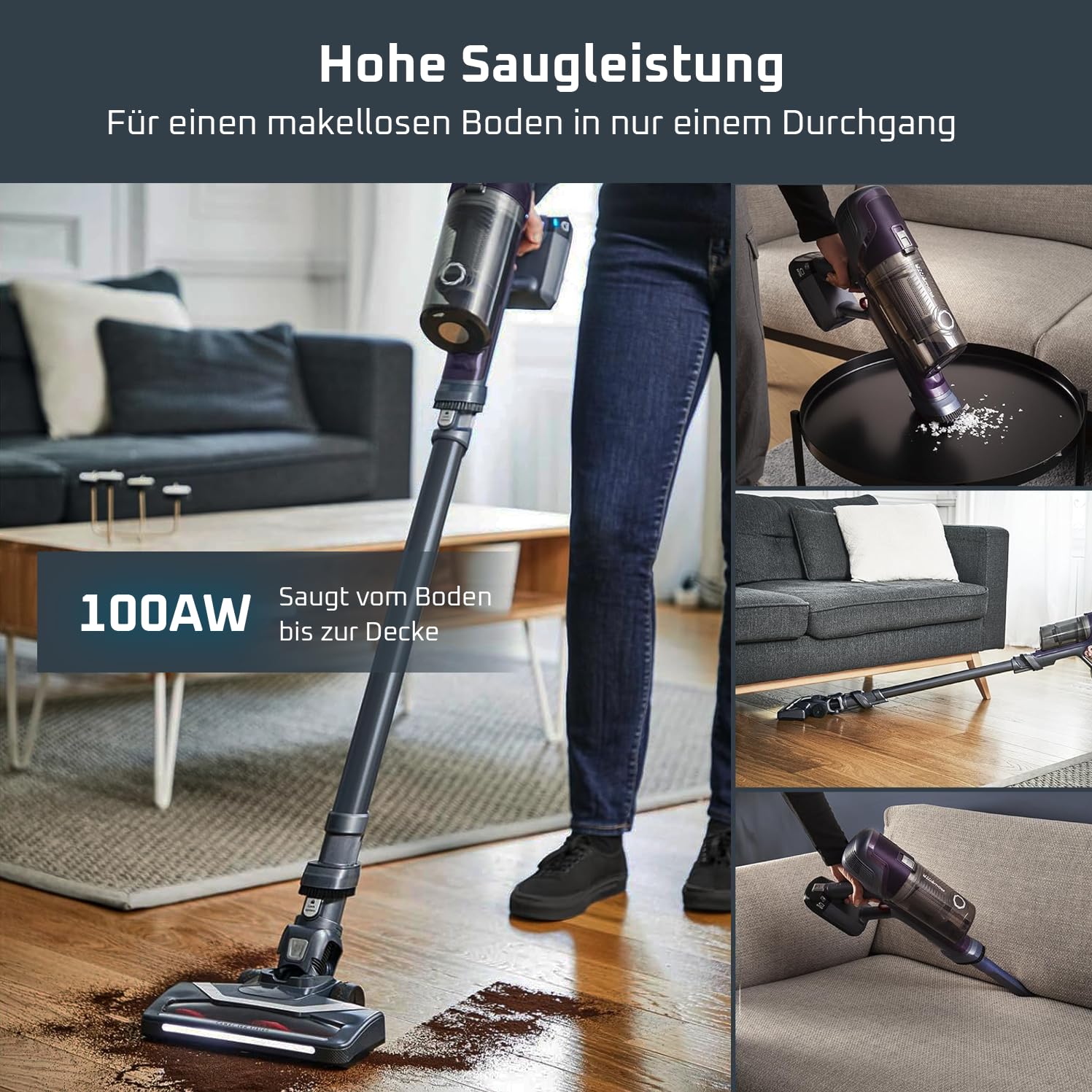 Rowenta X-Pert 6.60 Essential Akkustaubsauger, 100 W Leistung, 45 Min Laufzeit, kabellos & beutellos, LED-Bürstenkopf, herausnehmbarer Akku, inkl. Fugendüse und Wandhalterung, violett/schwarz, RH6838