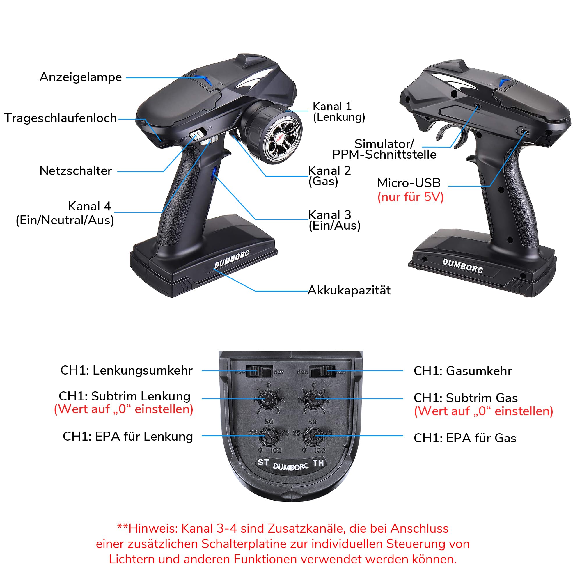 DUMBORC X4 2,4 GHz 4-Kanal-RC-Fernsteuerung und P6F-Gyro-Empfänger