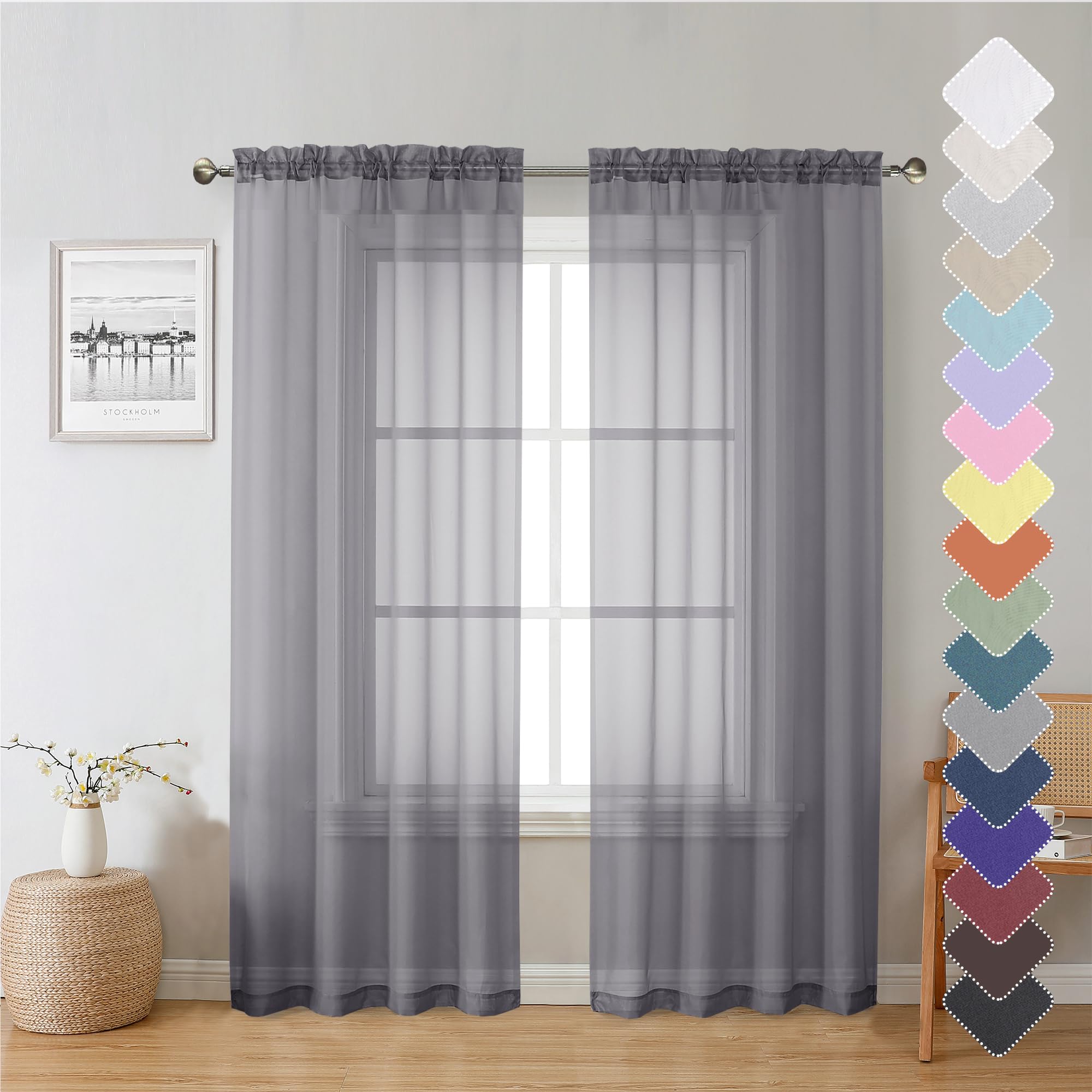 Lecloud Sheer Curtain Panels Set 84" Inches Long, Solid Voile Light Filtering Airy Curtains Window Treatment Drapes for Living Room, 2 Panels Elegant Bedroom Sheer Curtains, Charcoal Grey, 40" Wx84 L