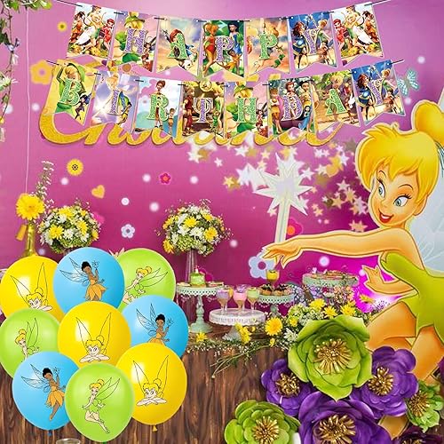 Miniatura 4 de Tinker Bell - Decoraciones de fiesta de cumpleaños, suministros de fiesta de películas de hadas, incluye pancarta, decoraciones para pasteles,