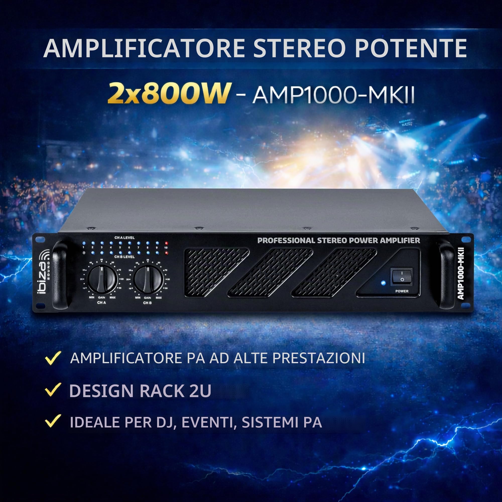 Ibiza AMP1000-MKII Amplificatore PA professionale 2x800 W – Amplificatore di potenza stereo da 19” montabile su rack con ingressi RCA/Jack, uscite Speakon/morsettiera e protezioni elettroniche