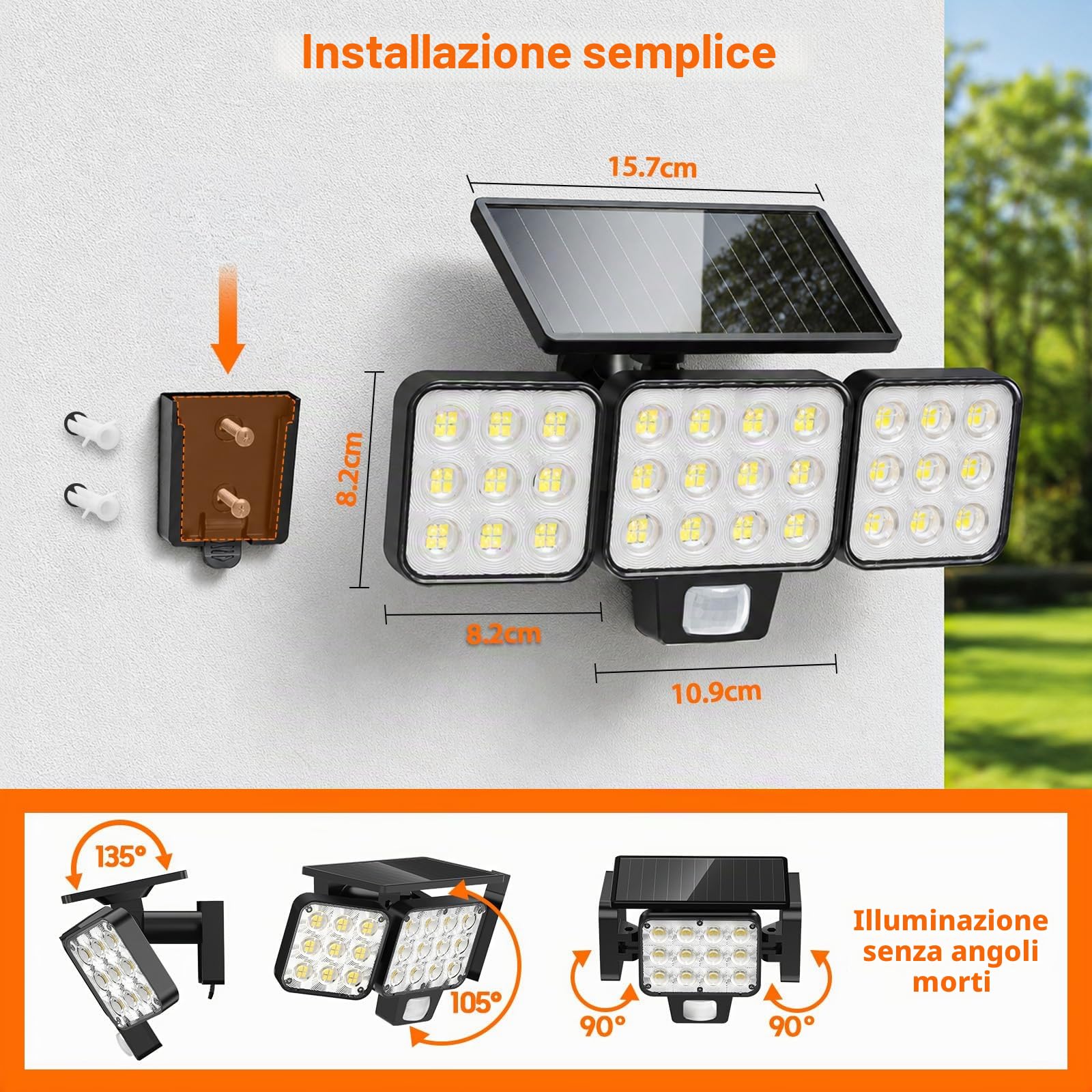 GEARLITE Lampade solari per esterni con sensore di movimento, 2 pezzi, 3500 lm, super luminose LED per esterni, 3 modalità con illuminazione grandangolare a 270°, IP65, impermeabile, lampada da parete
