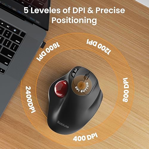 Miniatura 5 de SABLUTE Ratón de Trackball inalámbrico con DPI de 5 niveles, mouse ergonómico inalámbrico 2.4G Plug-and-Play para 3 dispositivos, color negro