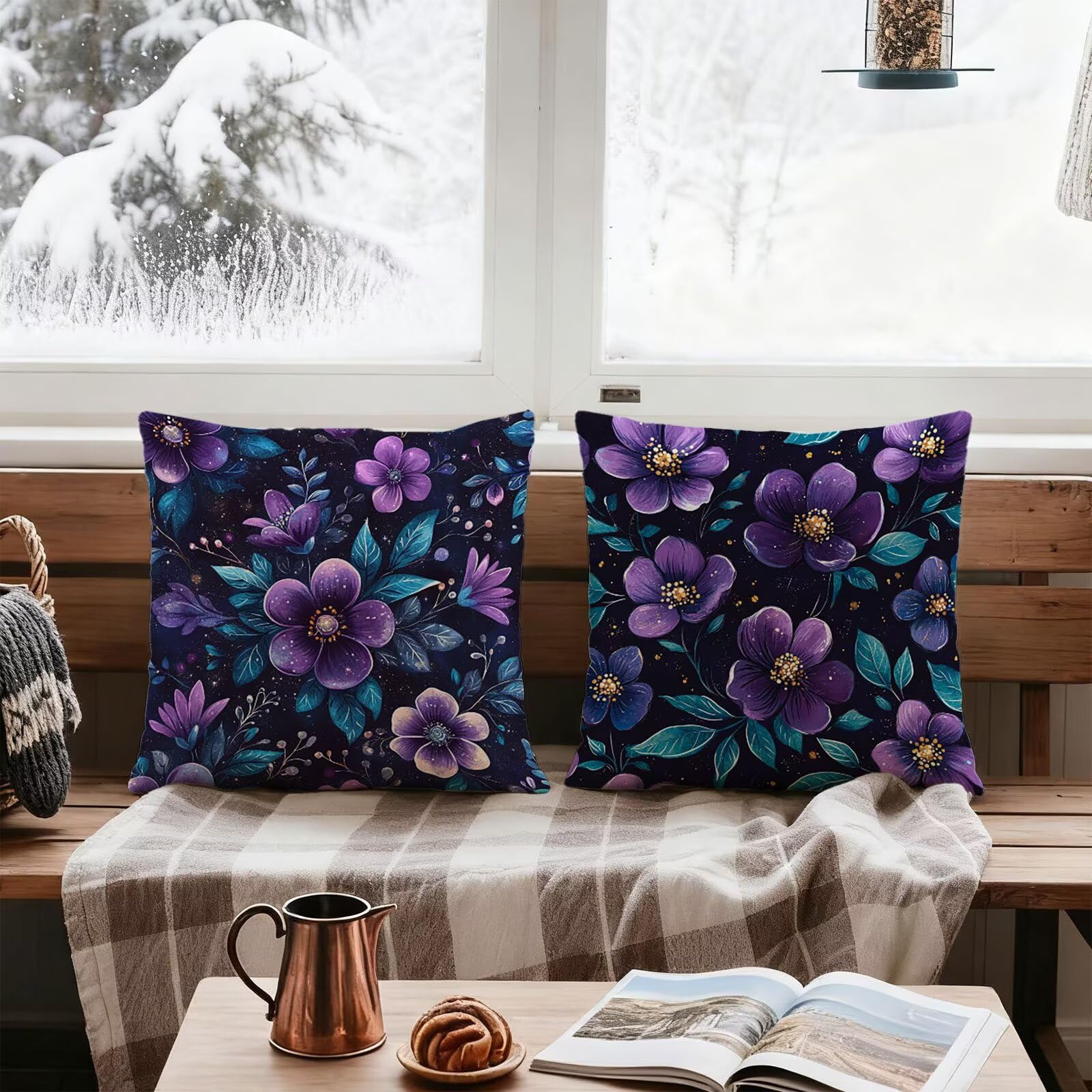 Violet Housse Coussin 60x60 Fleur Taie Oreiller 60x60 Lot de 4 Super Doux Protege Oreiller 60 x 60 Decoration Automne Taie D'oreiller Carrées Coussin Canape, pour Maison Chambre Canapé Chaise E - 324