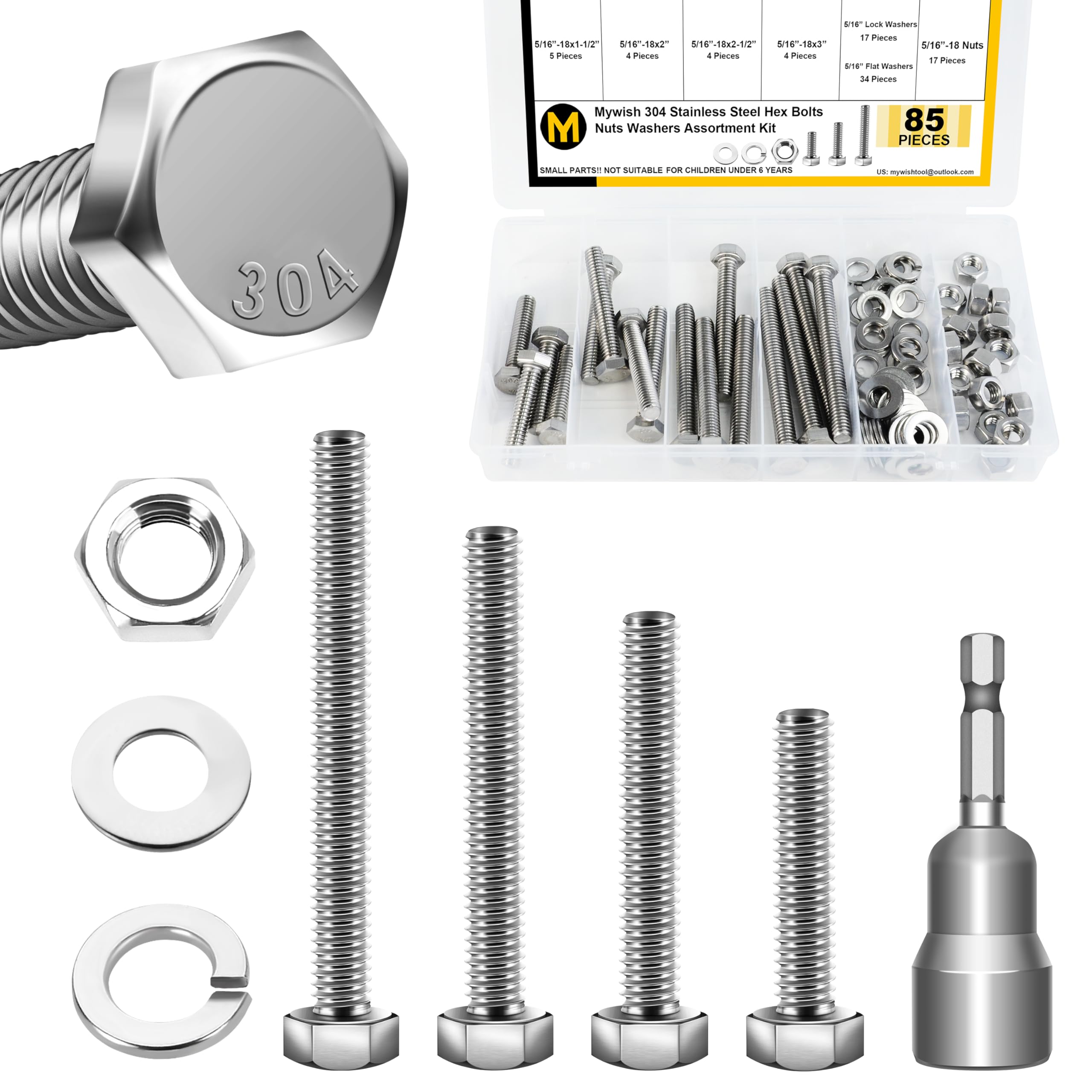 Mywish 5/16 Bolts, 85Pcs 5/16-18 Bolts and Nuts Kit with 1-1/2", 2", 2-1/2", 3" Hex Bolts Kit, 304 Stainless Steel 5/16 Screws Nut and Bolt Assortment